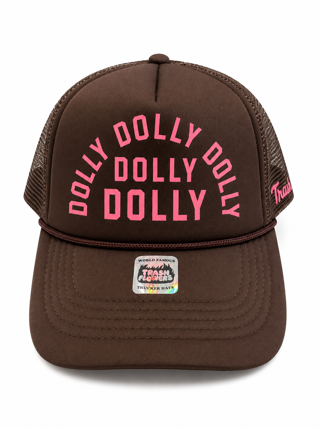 Brown mesh trucker hat with pink "DOLLY DOLLY DOLLY" text on front and Ampal Creative label on brim