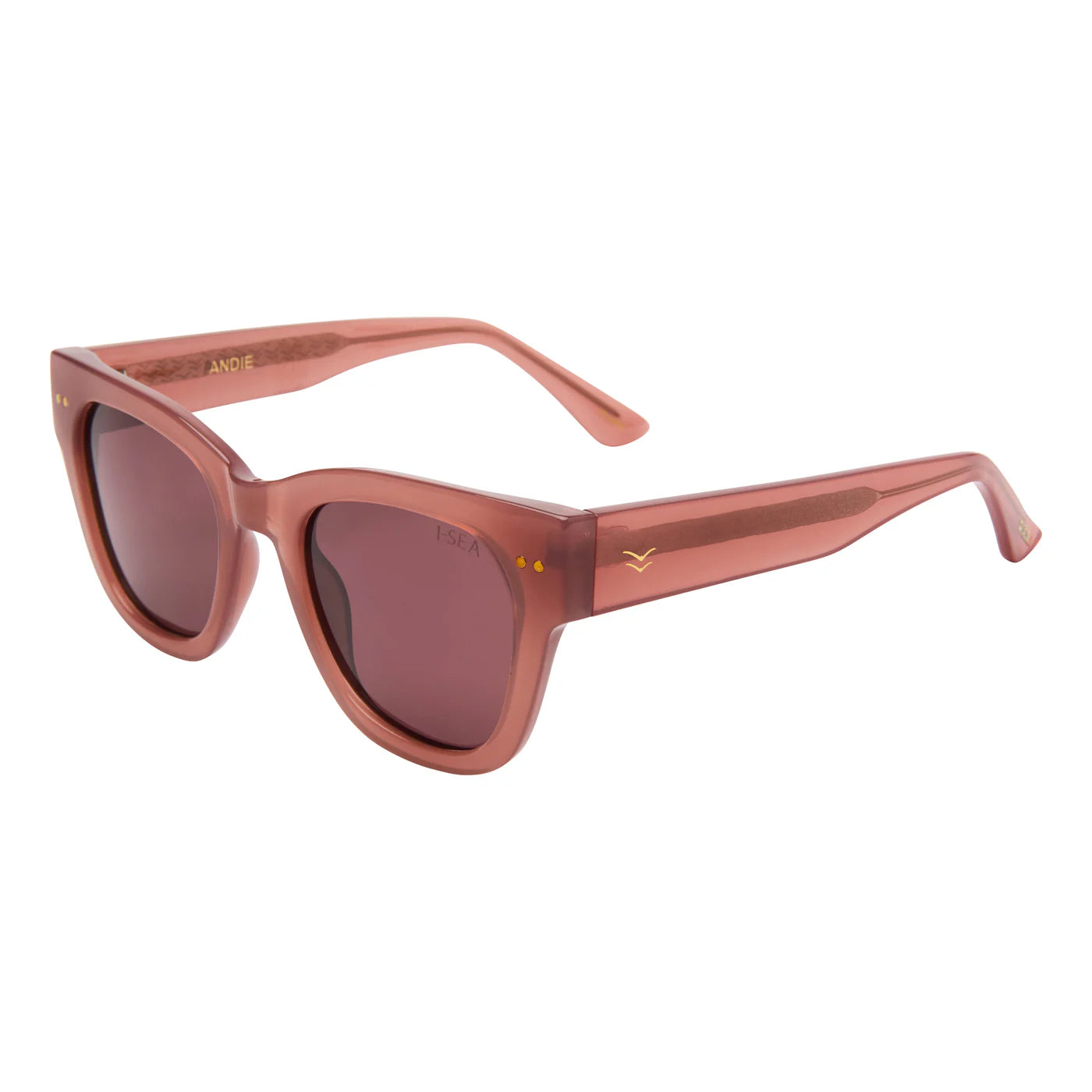 Pink sunglasses with dark lenses on a white background