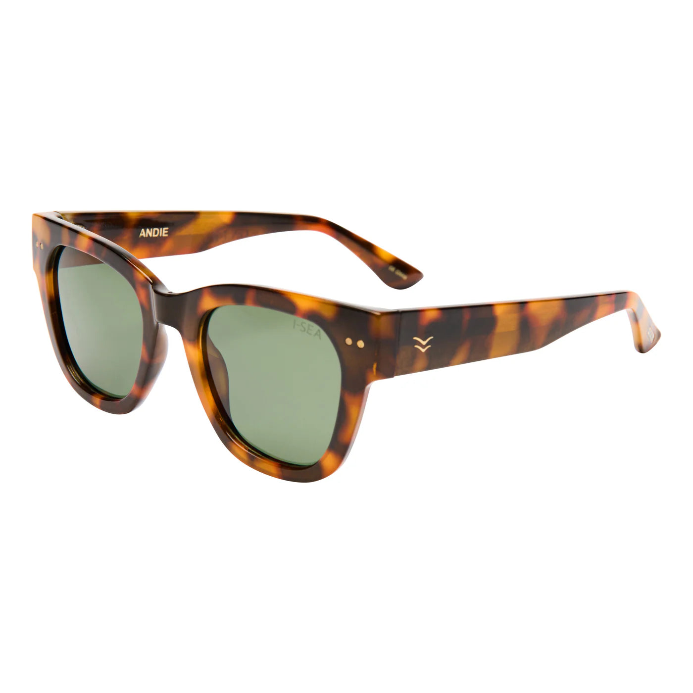 Sunglasses with tortoiseshell frame and green lenses on a white background