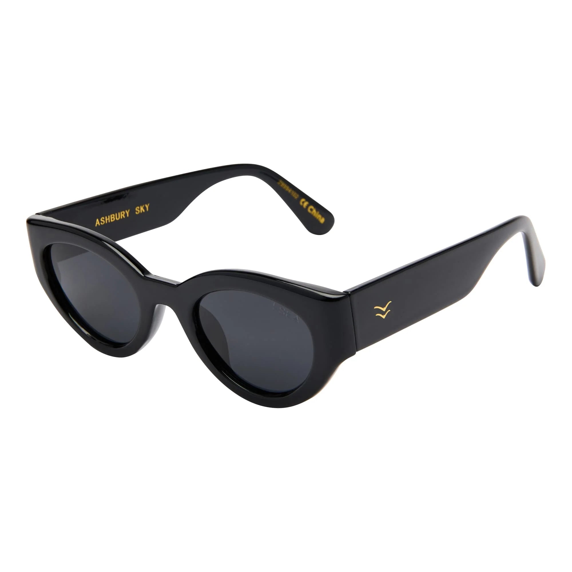 Black sunglasses with gold accents on a white background