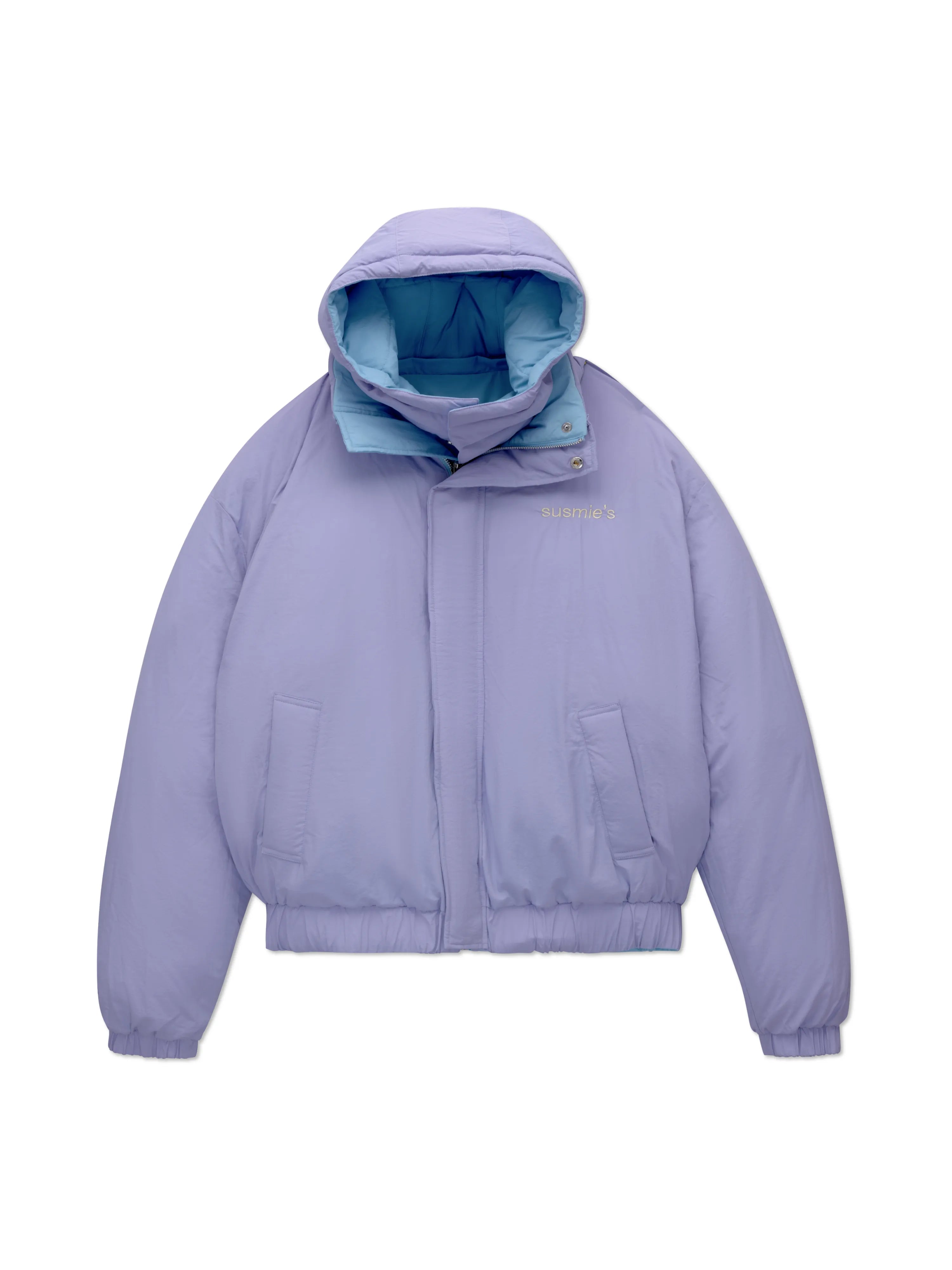 Light purple puffer jacket with hood, elastic cuffs and hem, front pockets, and blue interior lining