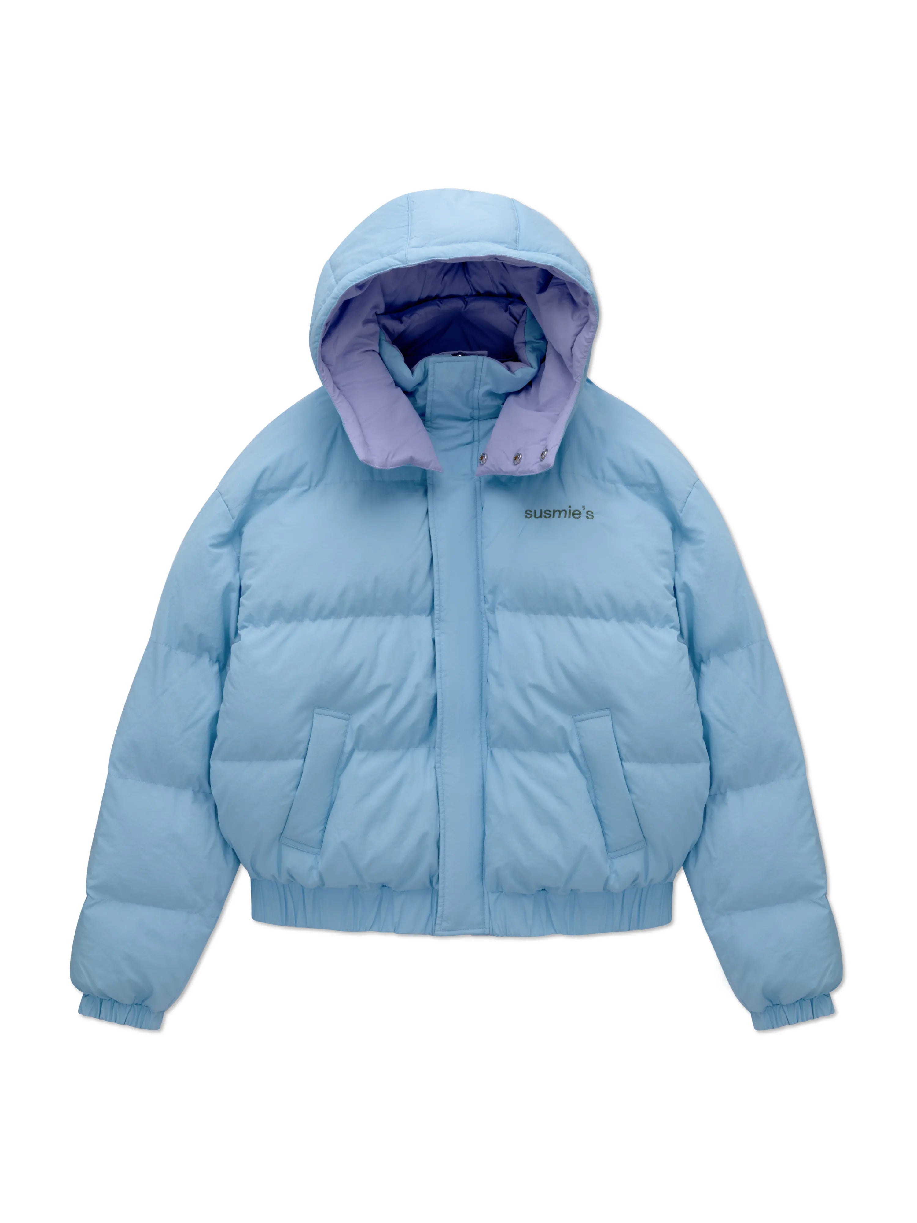 Light blue puffer jacket with purple lining, hooded design, front zipper closure, and elasticated hem and cuffs