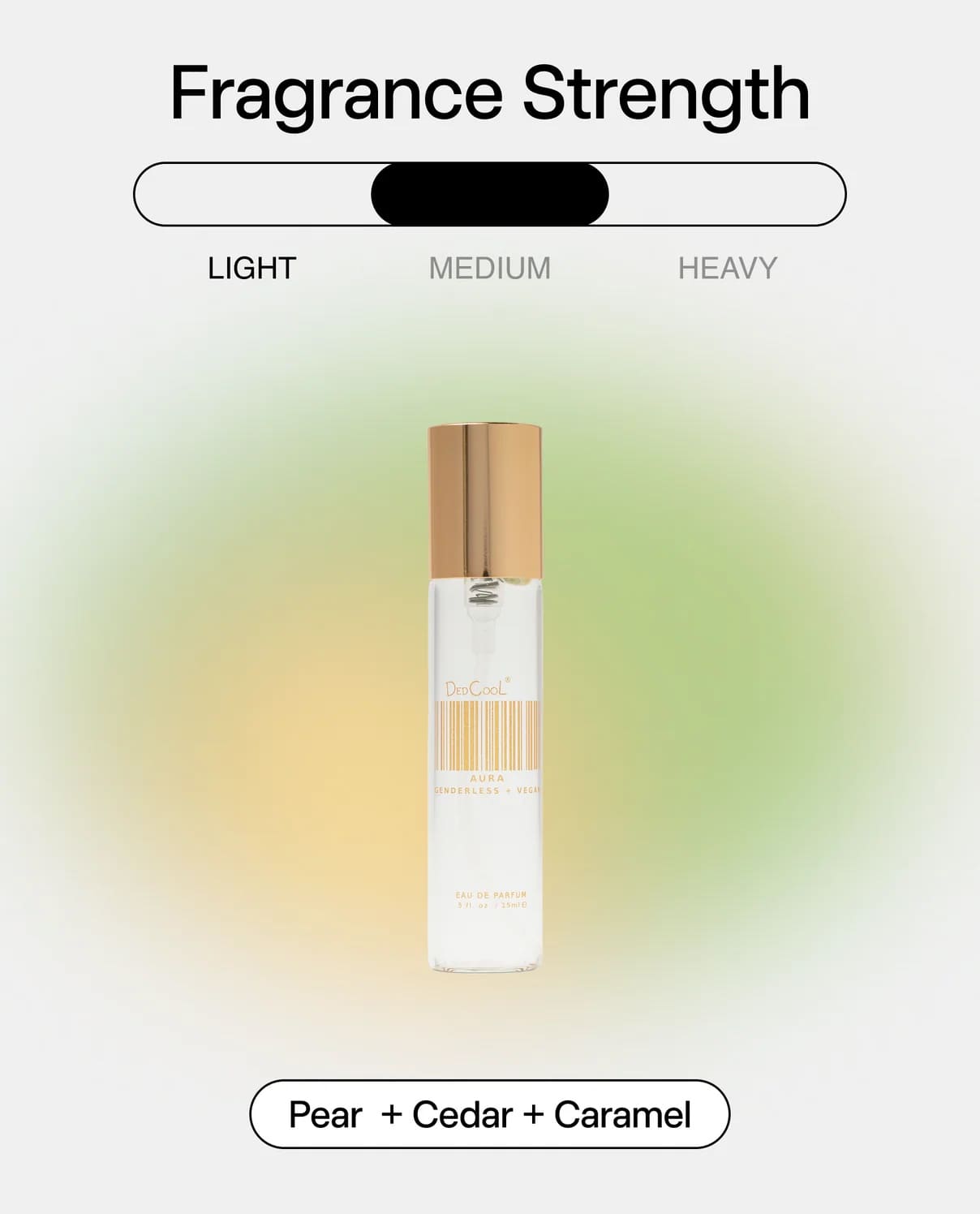 White perfume bottle with rose gold cap labeled DedCool Aura, showing medium fragrance strength with pear, cedar and caramel notes