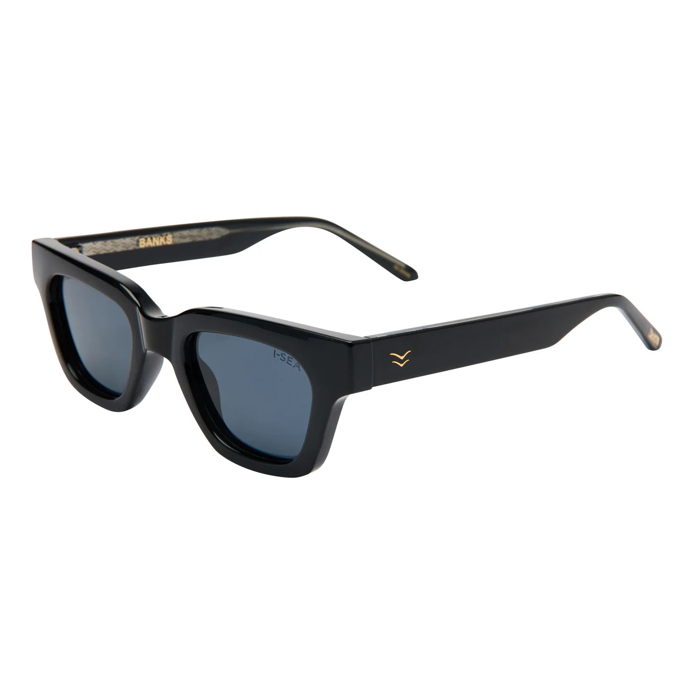 Black sunglasses with a brand logo on a white background