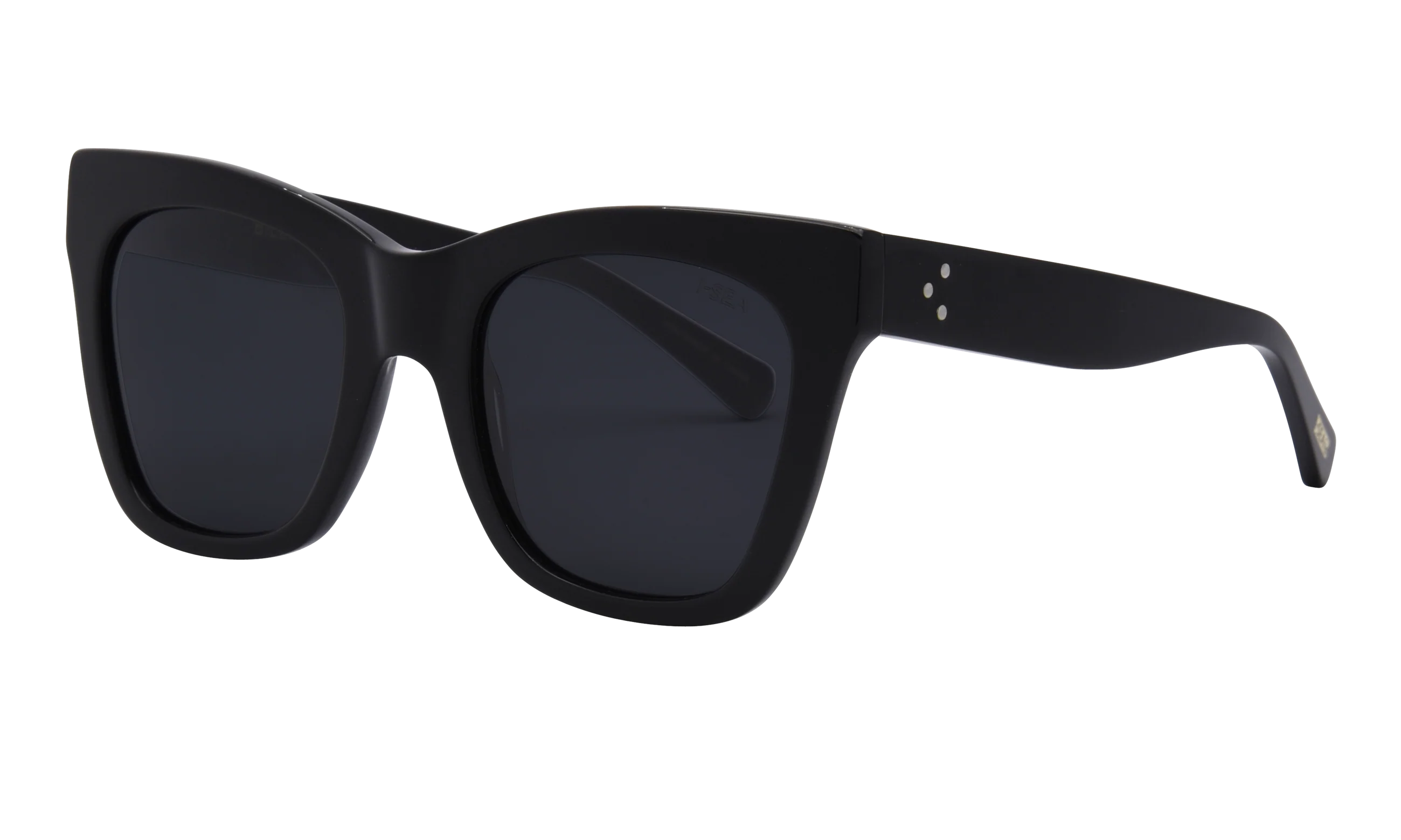 Black sunglasses with dark lenses on a white background