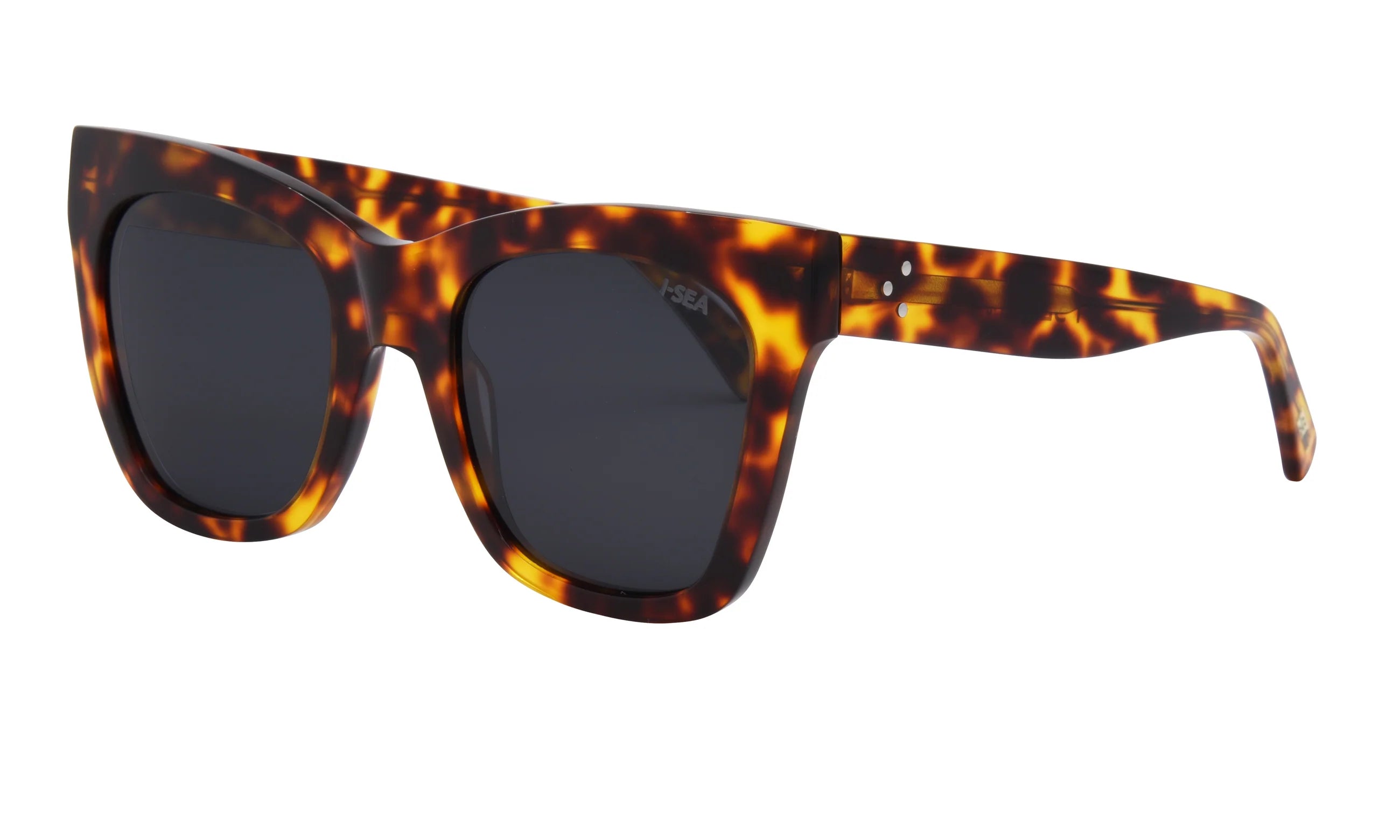 Sunglasses with tortoiseshell frame and dark lenses on a white background