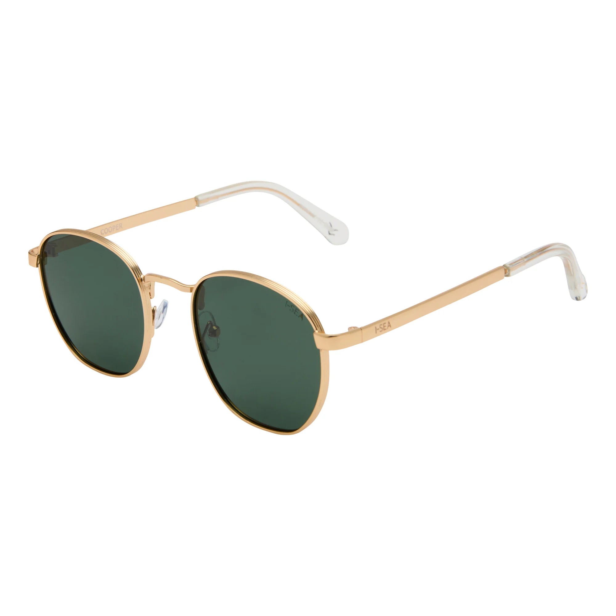 Gold-framed sunglasses with green lenses on a white background