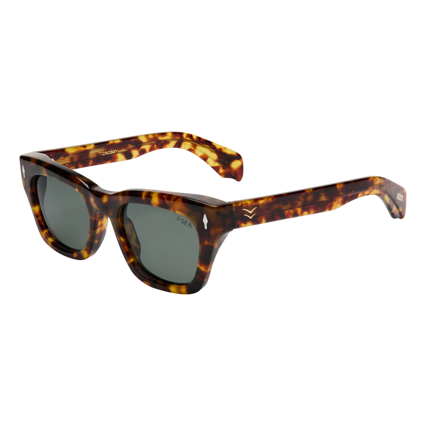 Tortoiseshell sunglasses with dark lenses on a white background