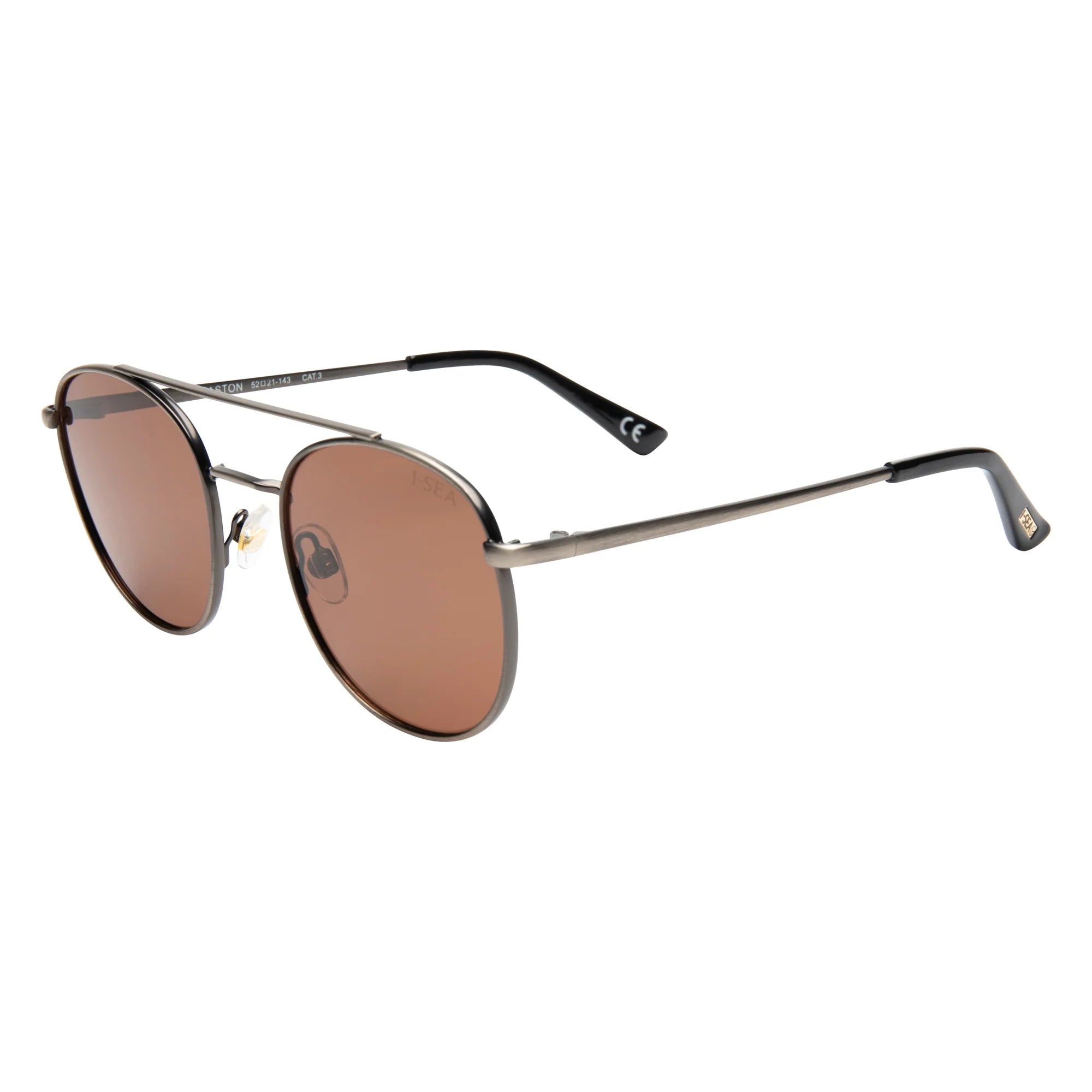 Sunglasses with brown lenses and thin metal frame on a white background