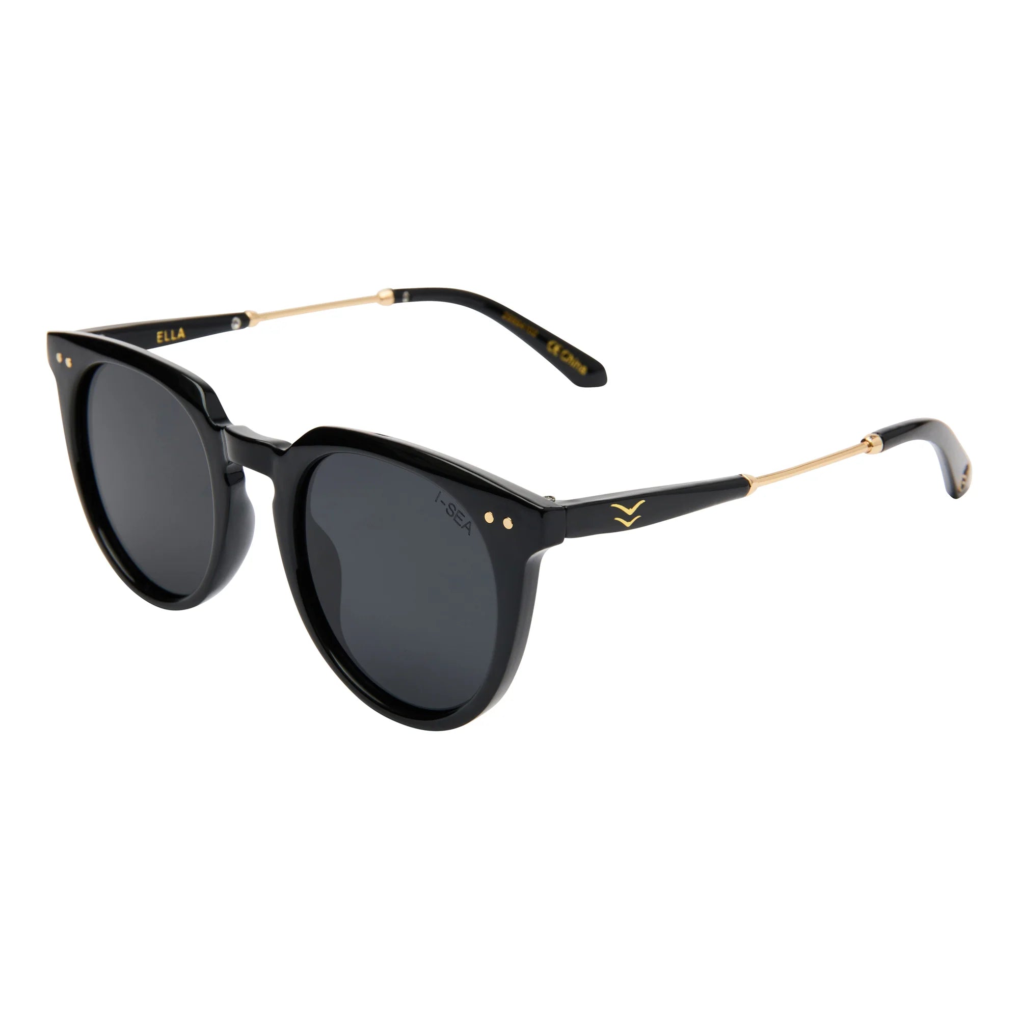 Black sunglasses with gold accents on a white background