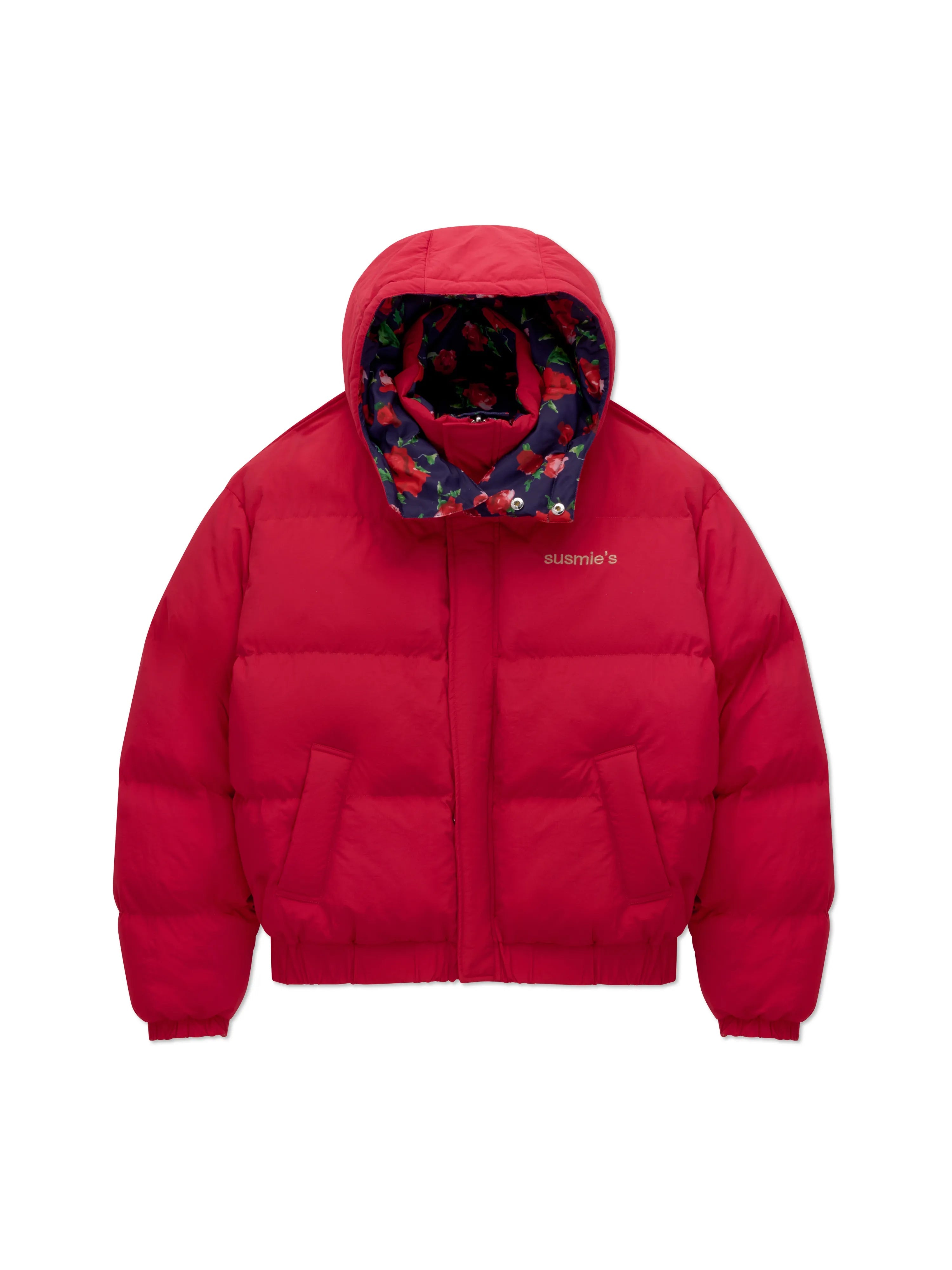 Red puffer jacket with hood and floral print lining, featuring front pockets and brand text on chest
