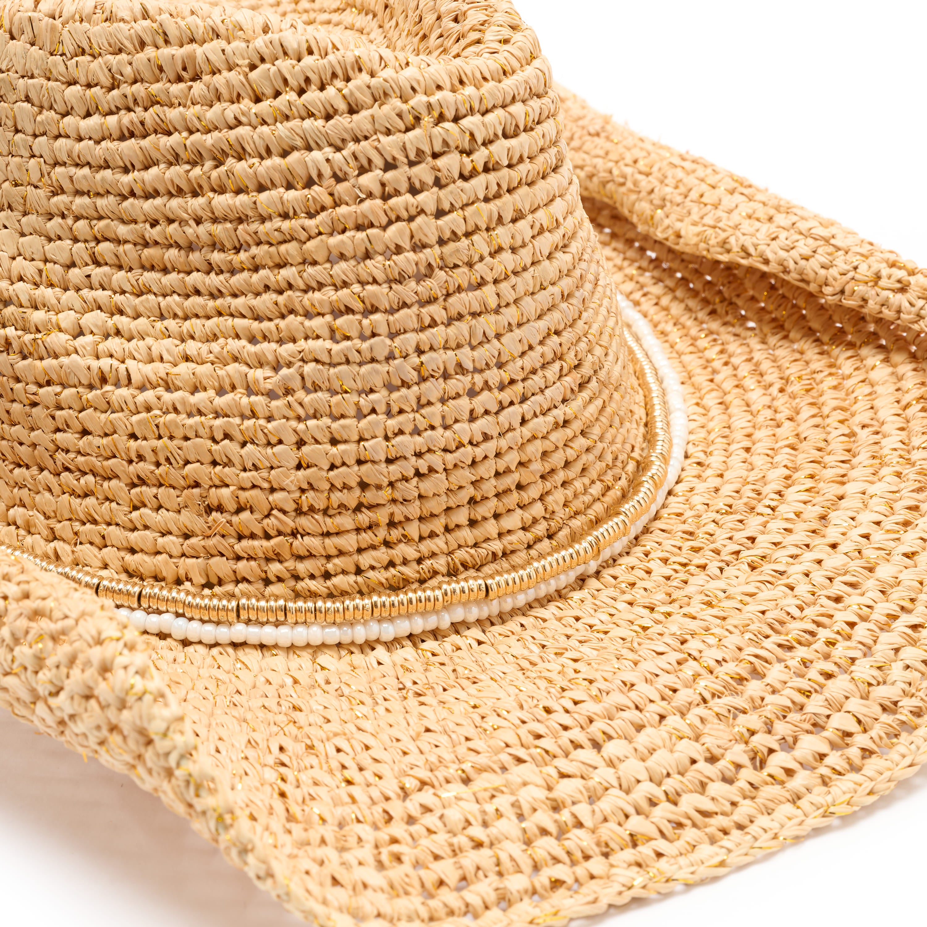 Close-up of a straw hat with a white band on a light background