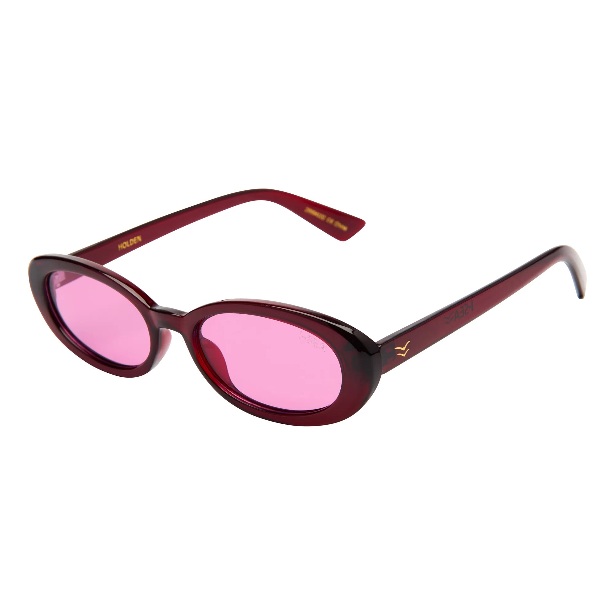Sunglasses with pink lenses and burgundy frame on a white background