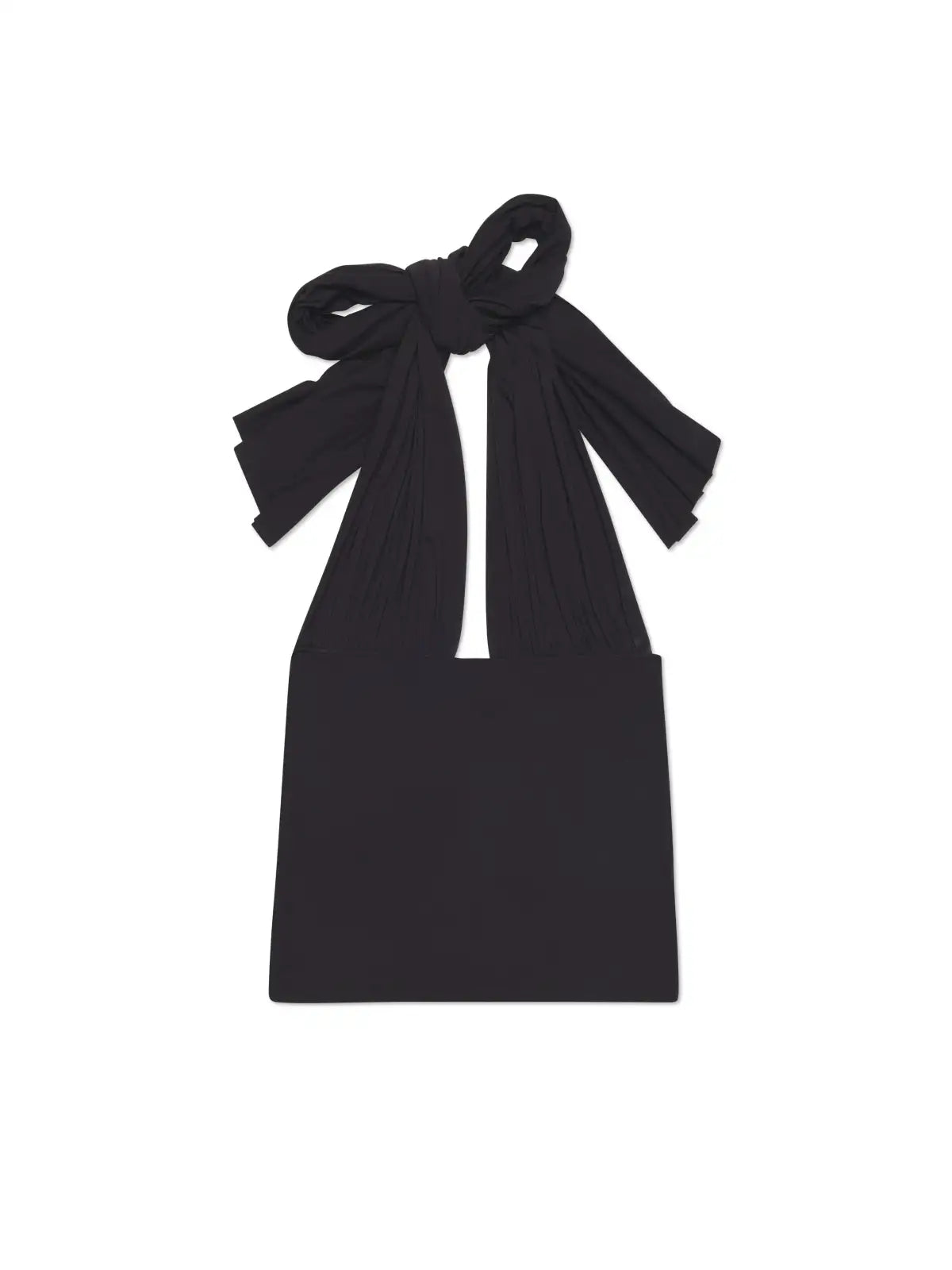 Black fabric tote bag with long bow-tied straps featuring a minimalist rectangular design with clean lines