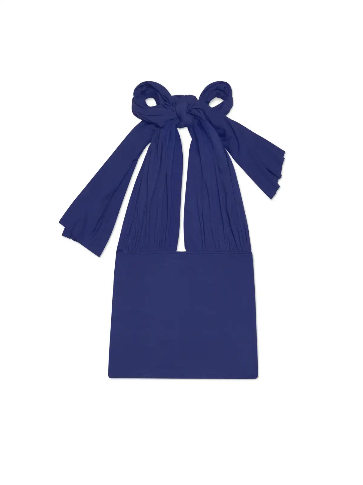Navy blue pleated halter dress with large bow tie neckline and keyhole cutout detail