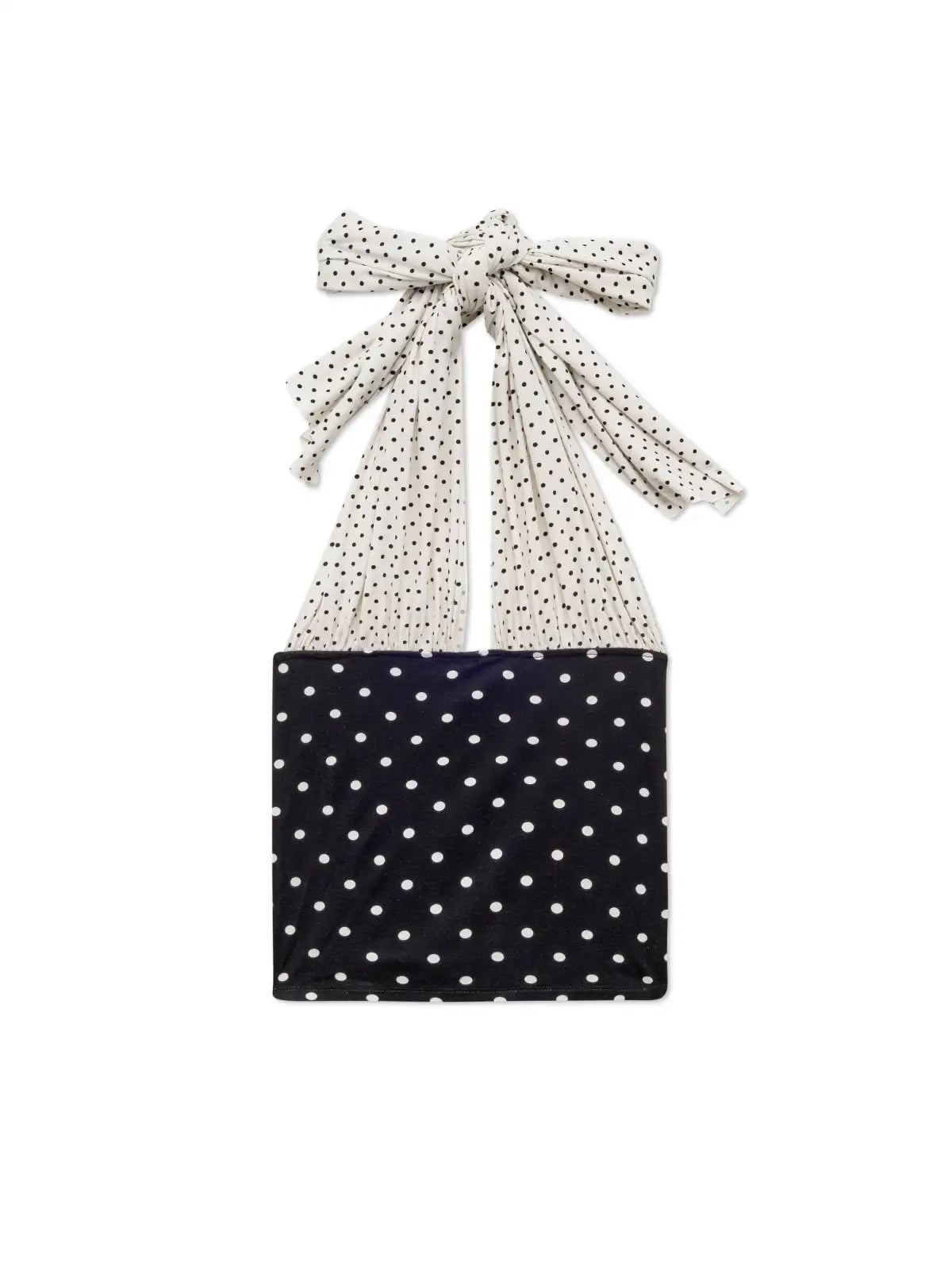 Black velvet polka dot crossbody bag with cream and black spotted organza ribbon bow strap