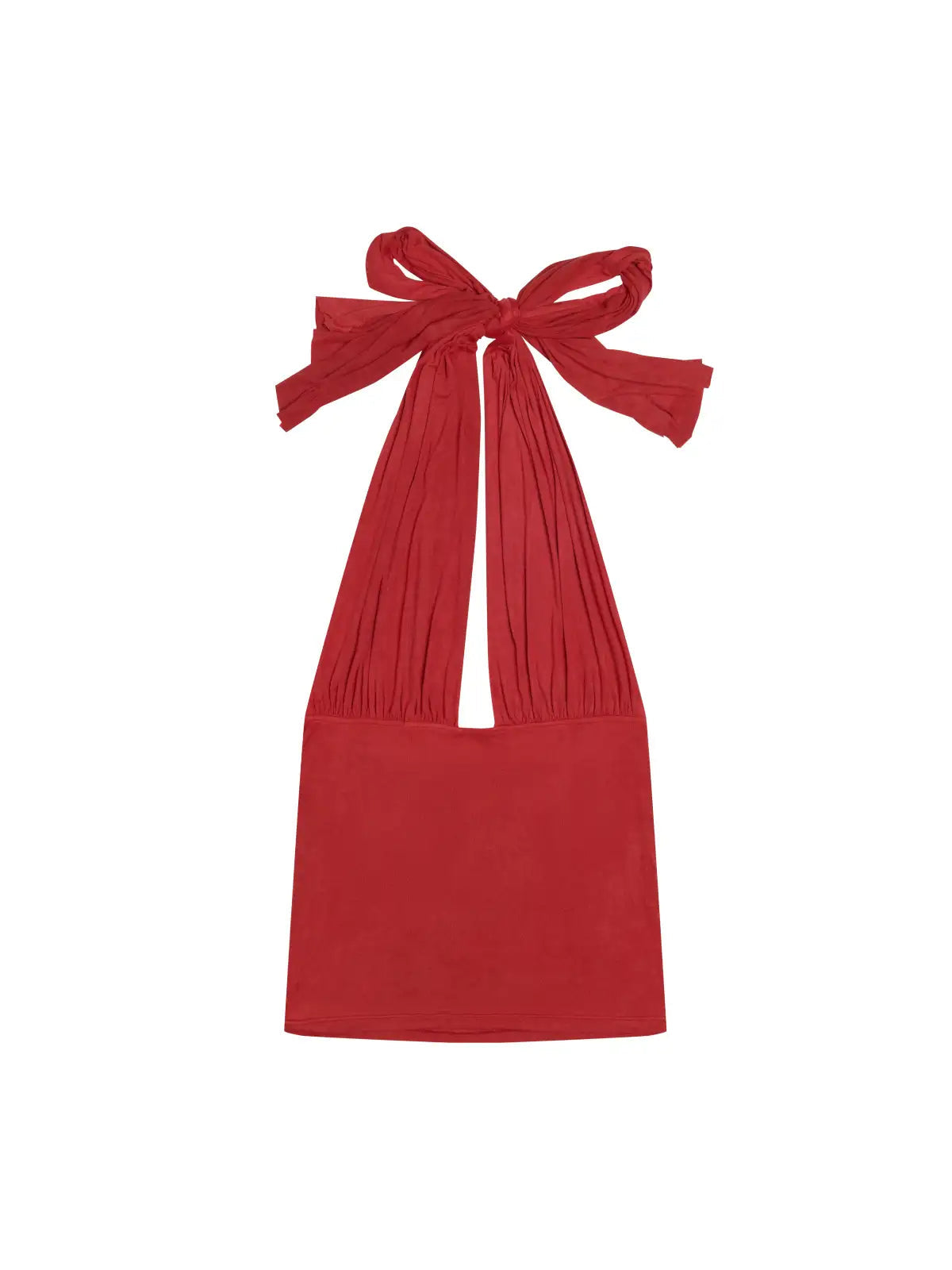 Red halter neck top with gathered neckline and bow tie straps in soft jersey fabric