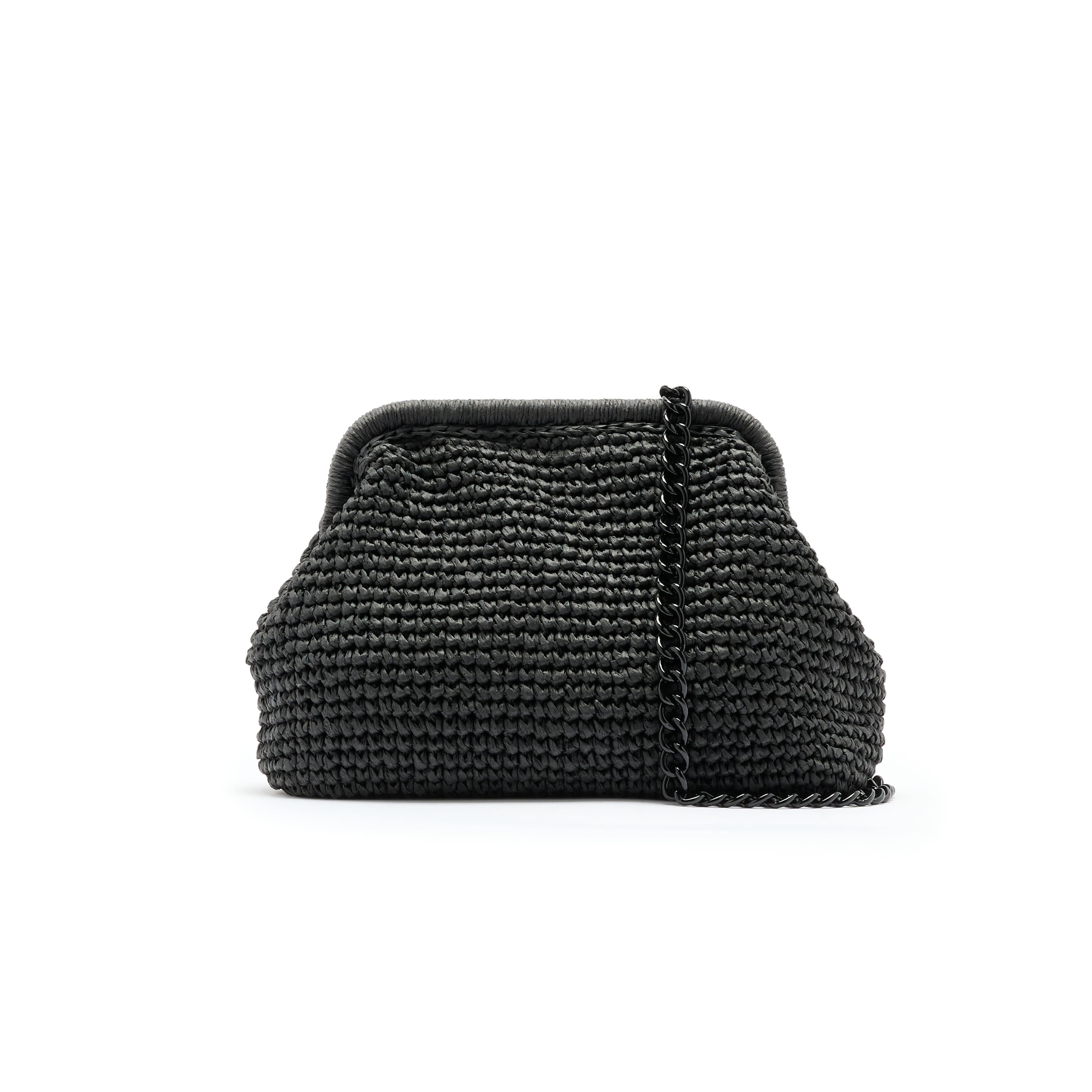 Black woven handbag on a white background