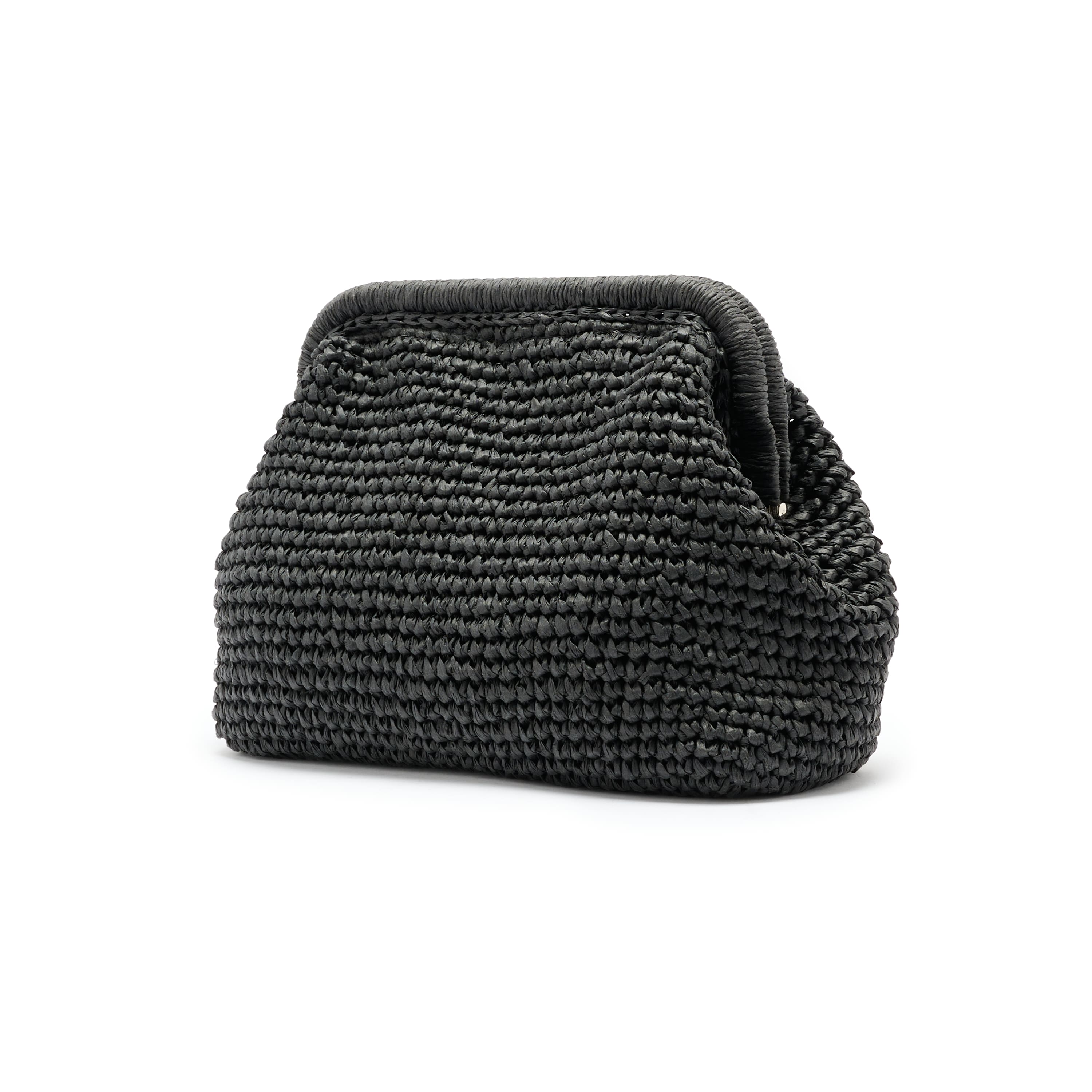 Black woven bag on a white background