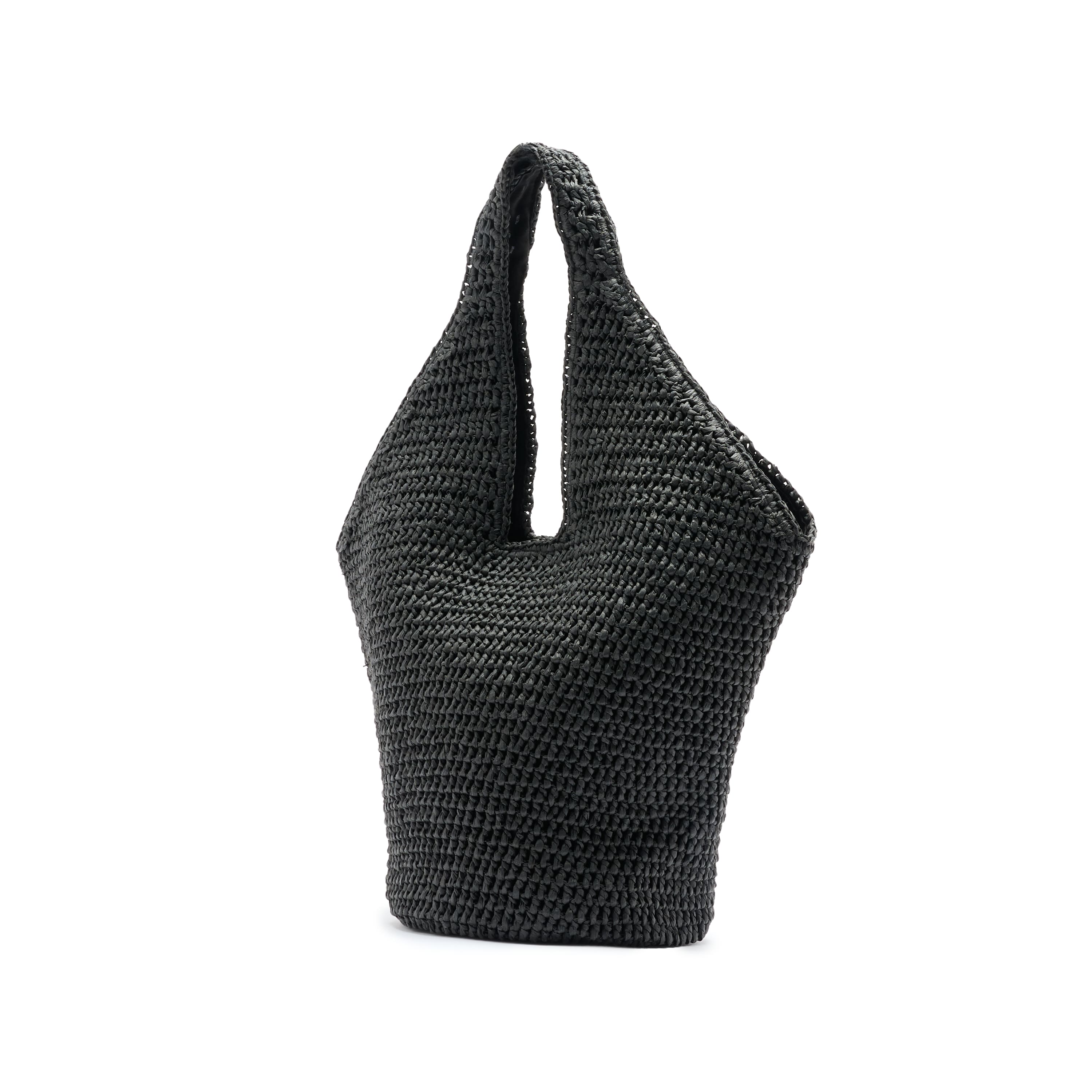 Black woven handbag on a white background