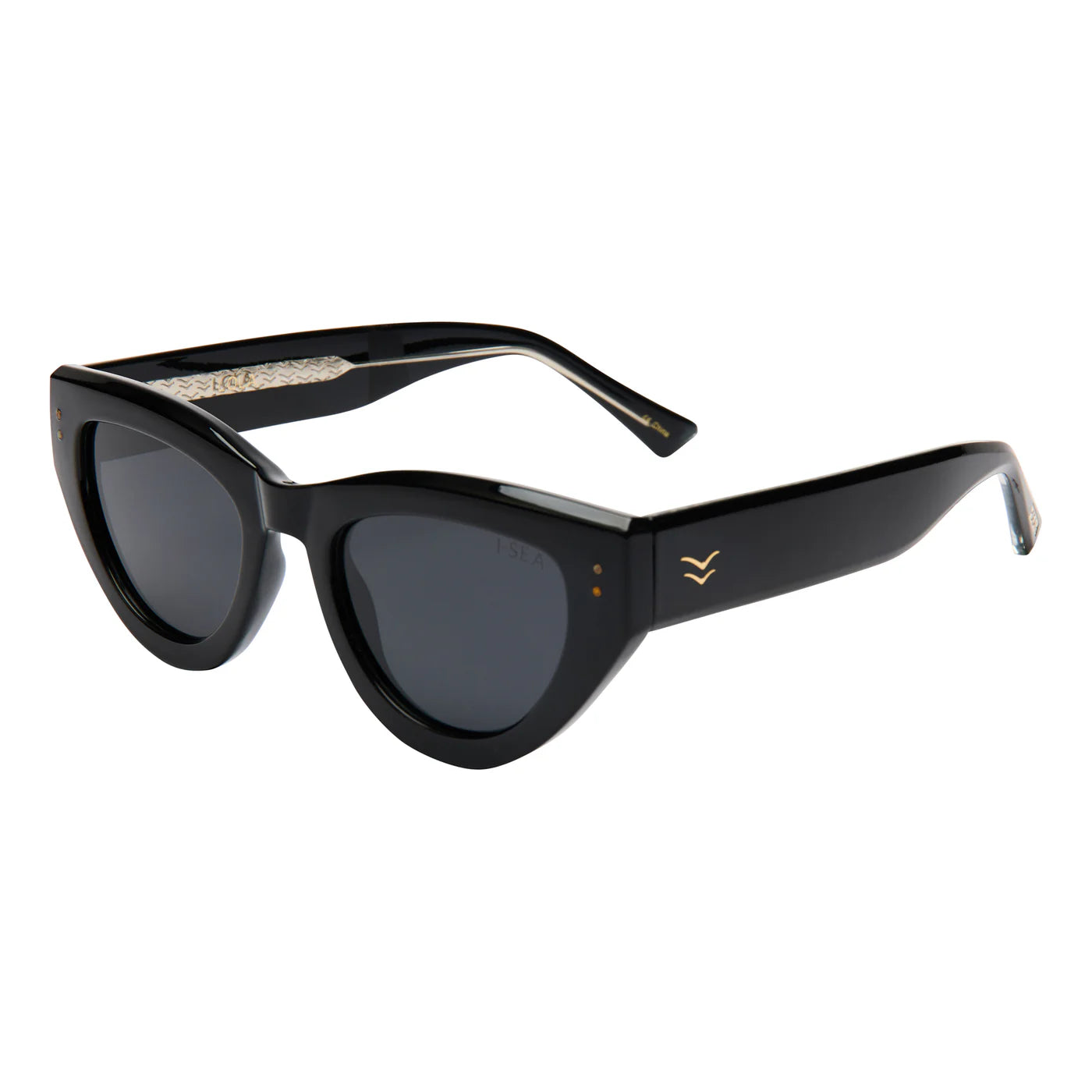 Black cat-eye sunglasses with a brand logo on a white background