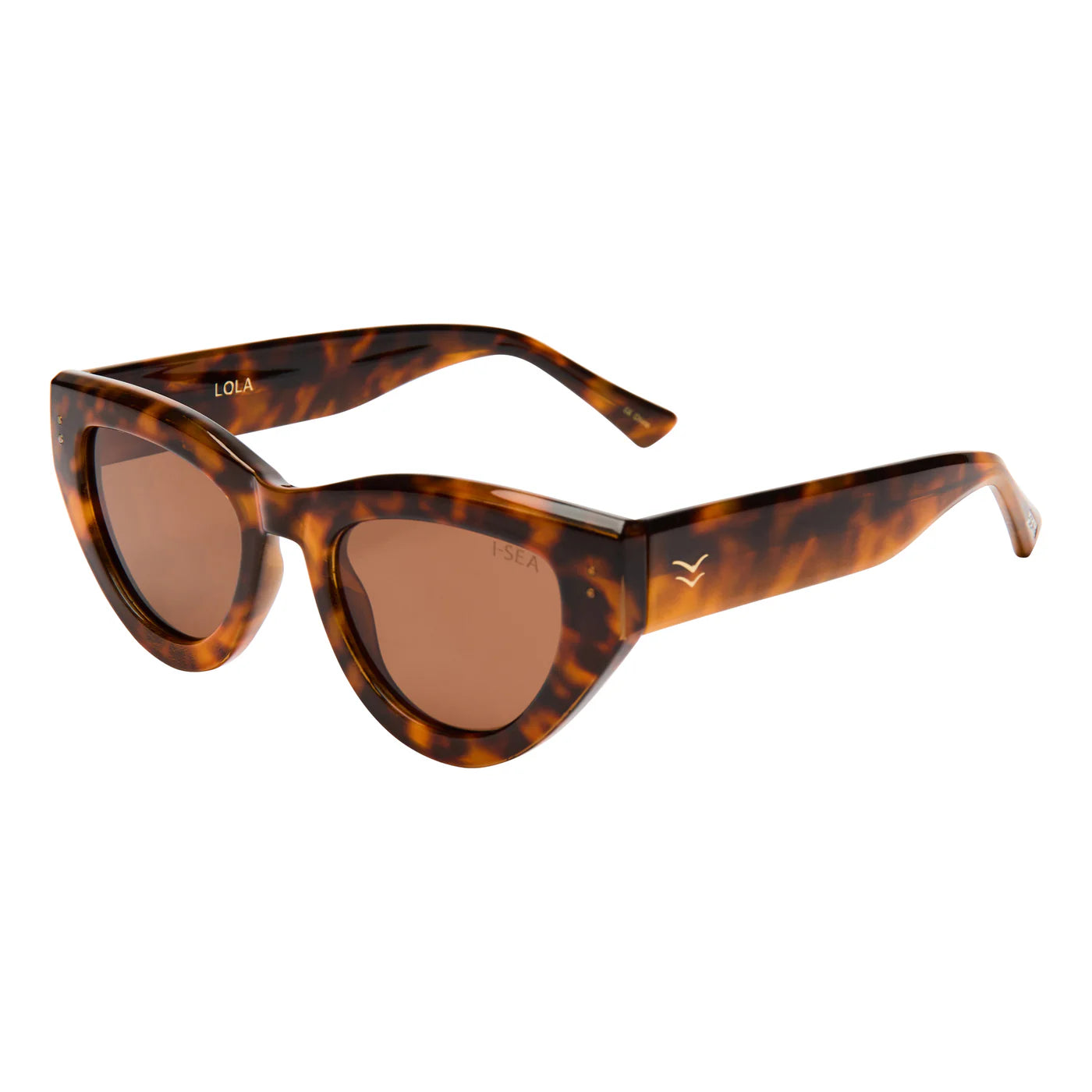 Sunglasses with tortoiseshell frame and brown lenses on a white background
