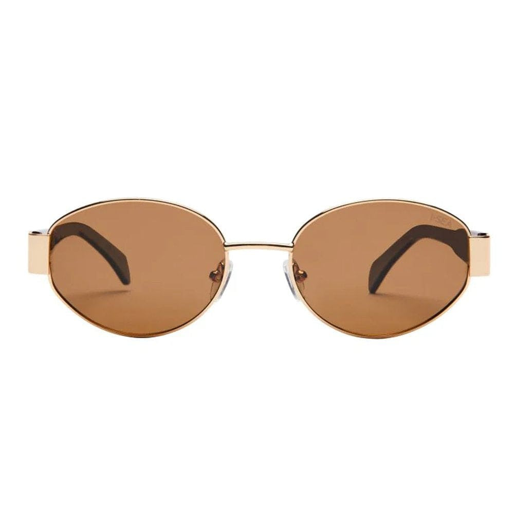 Oval gold-framed sunglasses with brown tinted lenses and black temple tips on white background