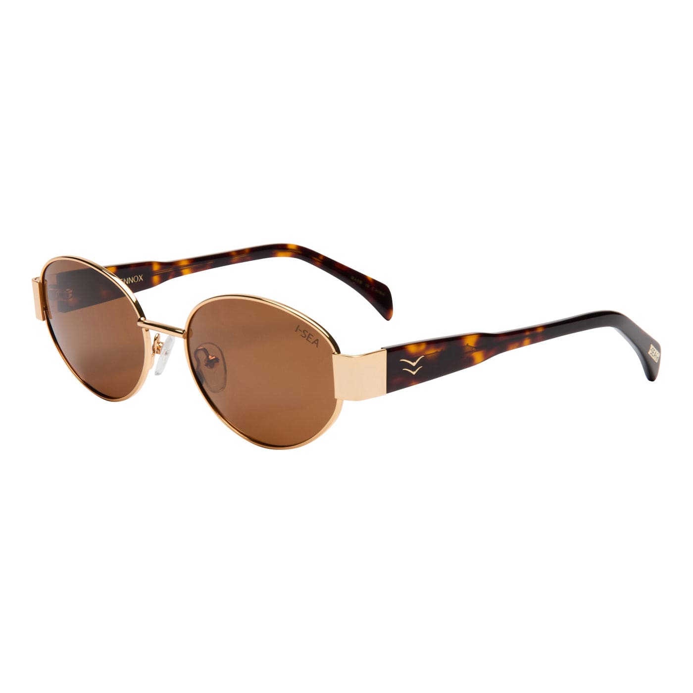 Gold metal round sunglasses with tortoiseshell temples and brown tinted lenses by INOA