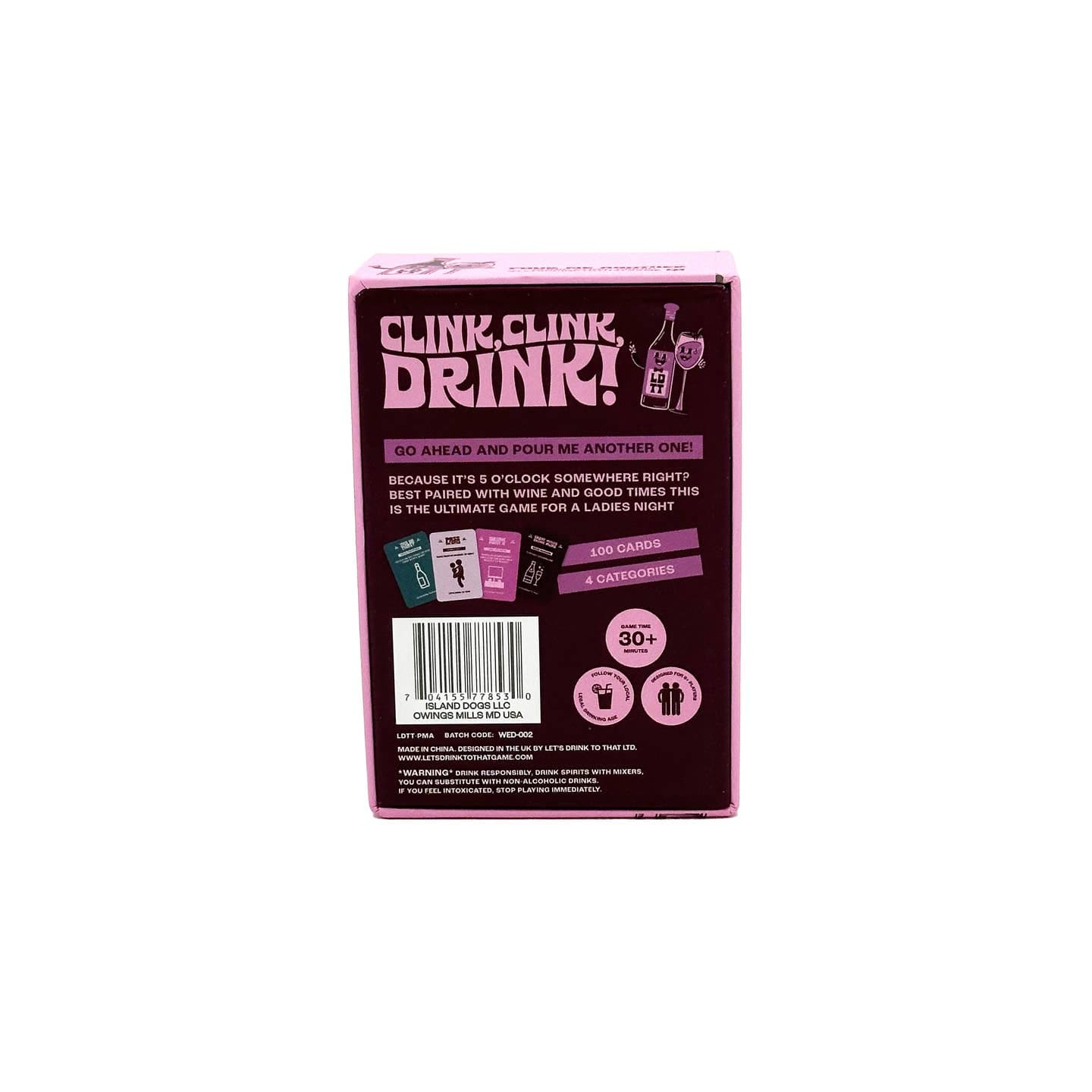 Pink and burgundy card game box titled Clink Clink Drink with wine bottle graphics, 100 cards, 4 categories, ages 30+