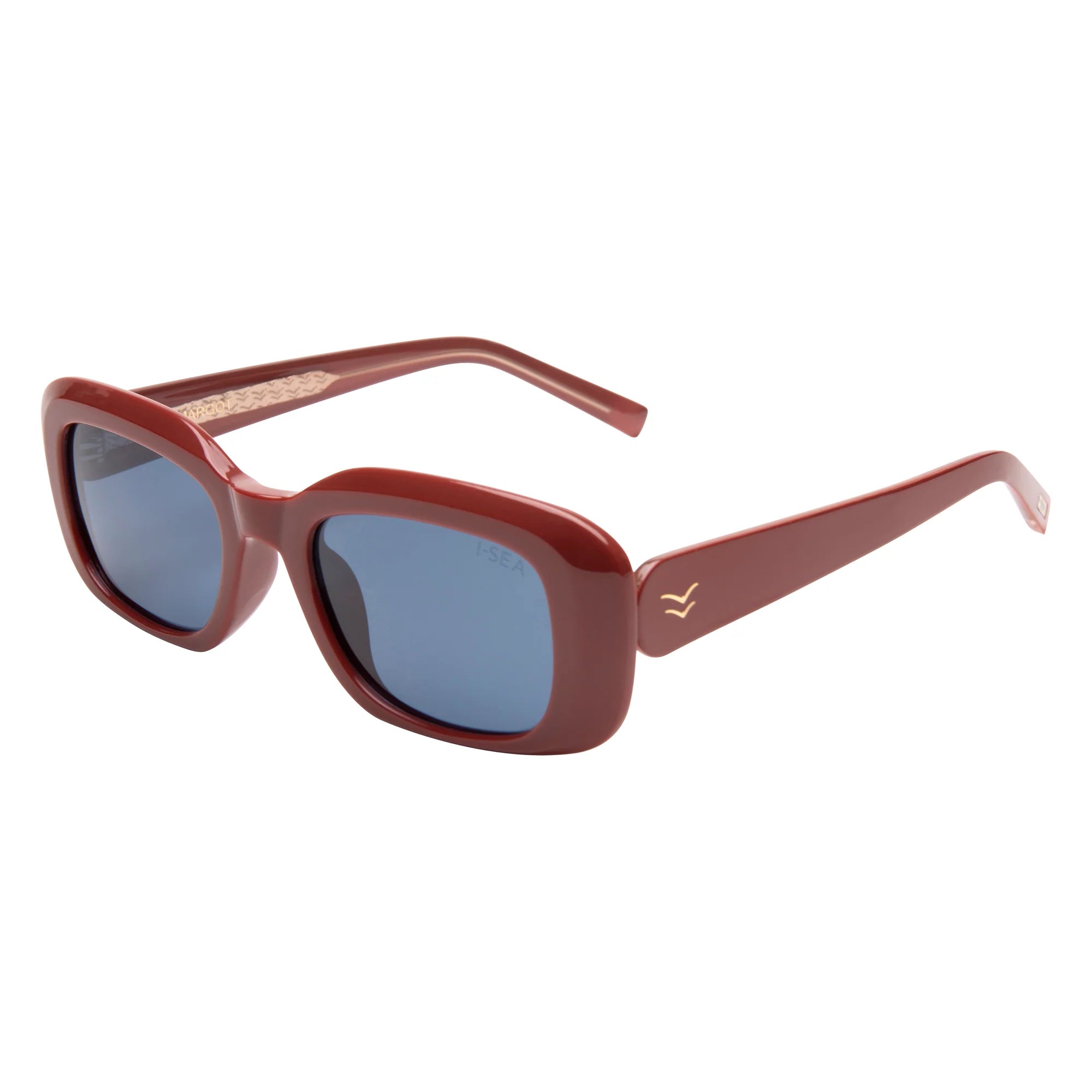 Red sunglasses with blue lenses on a white background