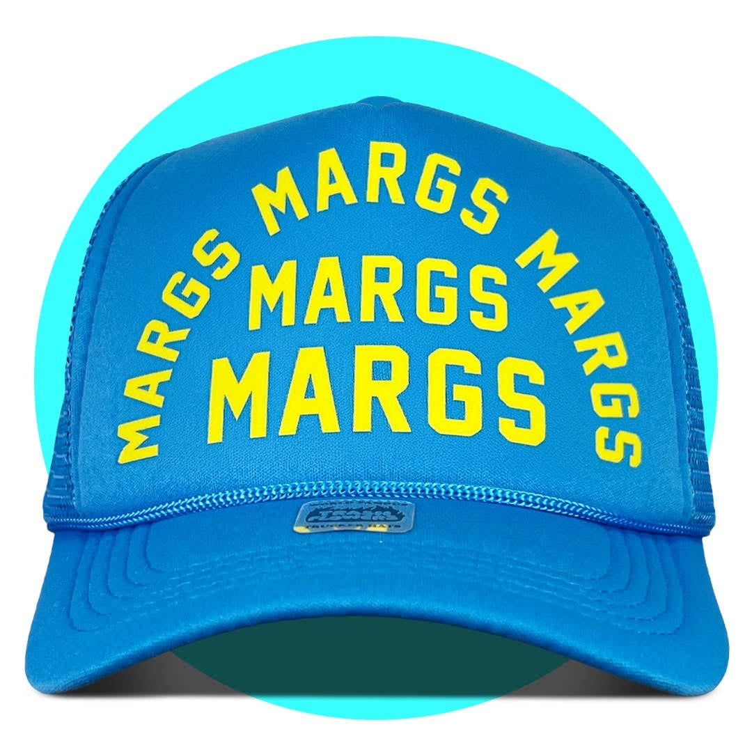 Blue trucker hat with yellow MARGS text repeated in curved and straight lines on front panel