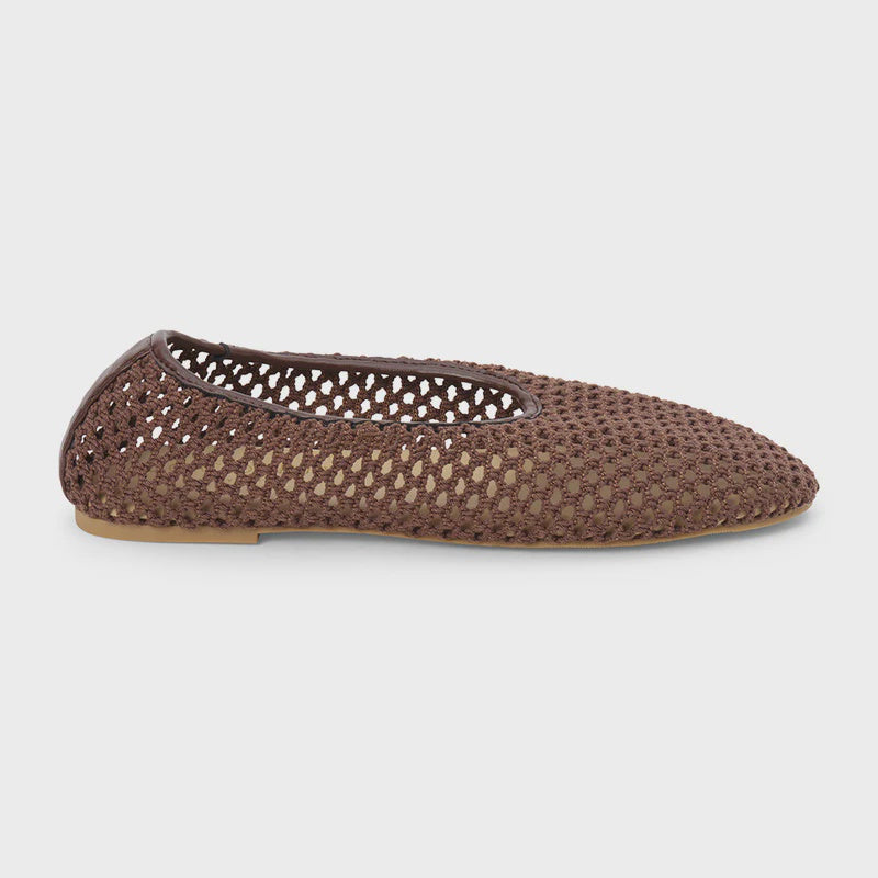 Brown woven leather ballet flat with perforated mesh design and tan sole, shown in side profile view