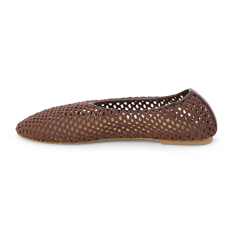 Brown woven leather ballet flat with perforated basketweave pattern and tan sole, shown from side view