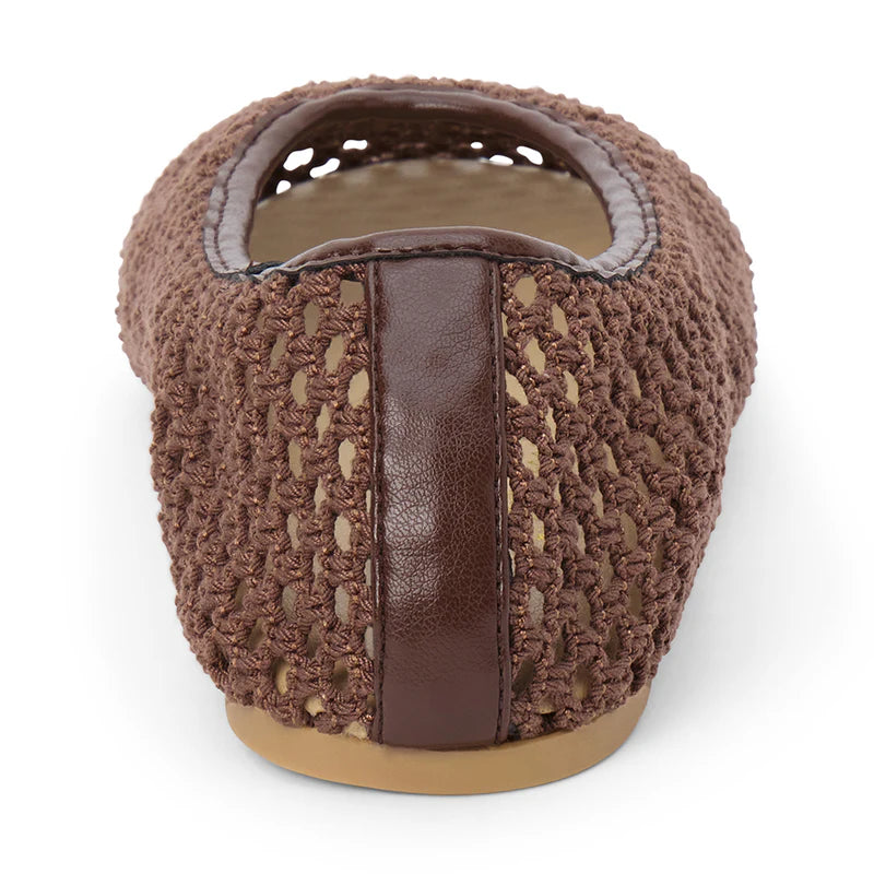 Brown woven crochet ballet flat with leather trim and cushioned insole, back view showing heel detail