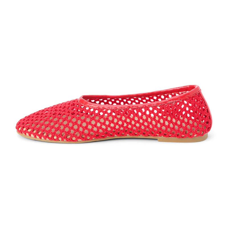 Red woven mesh ballet flat with perforated design and beige sole, side view