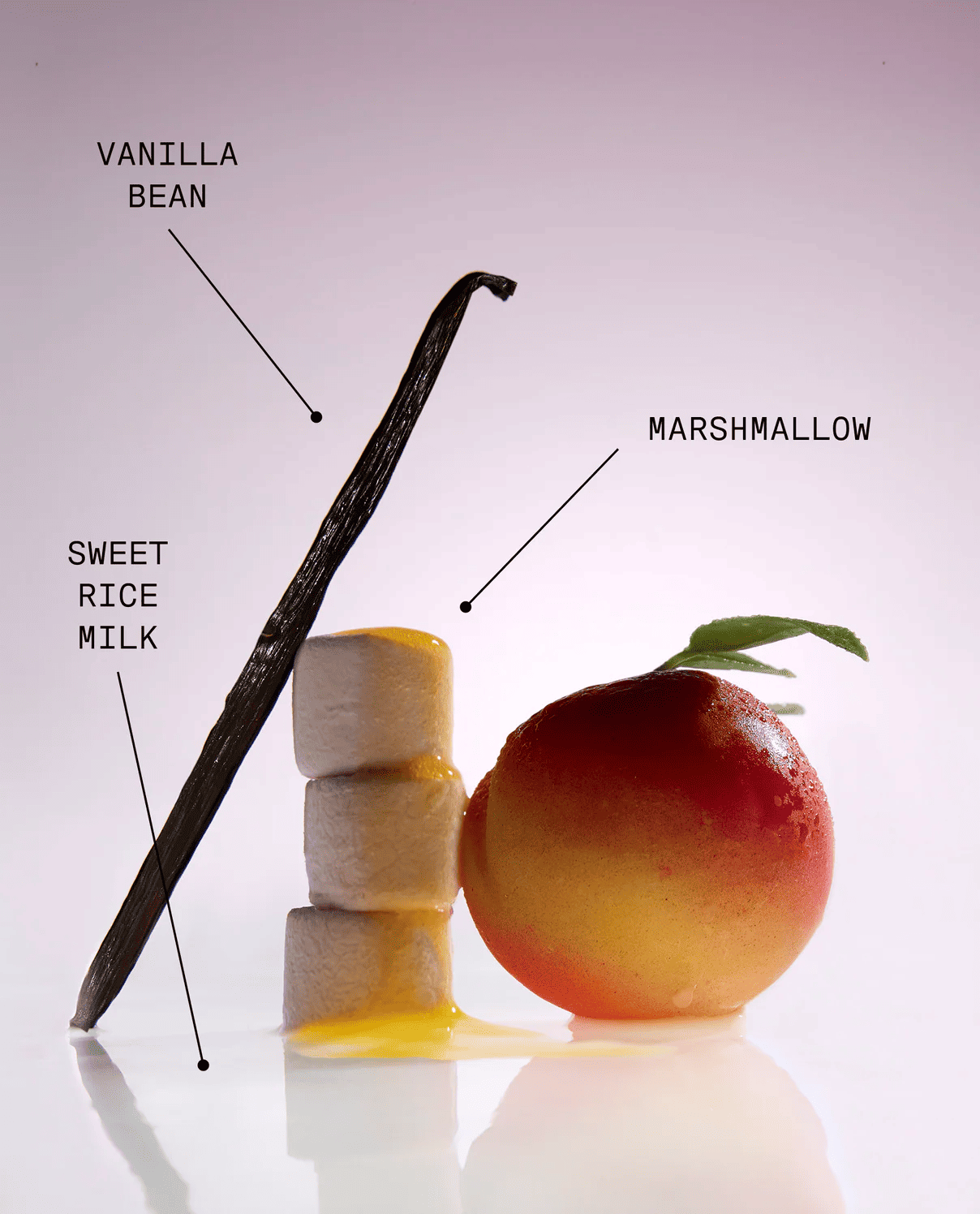 Artistic food composition featuring vanilla bean, stacked marshmallows, fresh peach with leaf, and sweet rice milk on white background