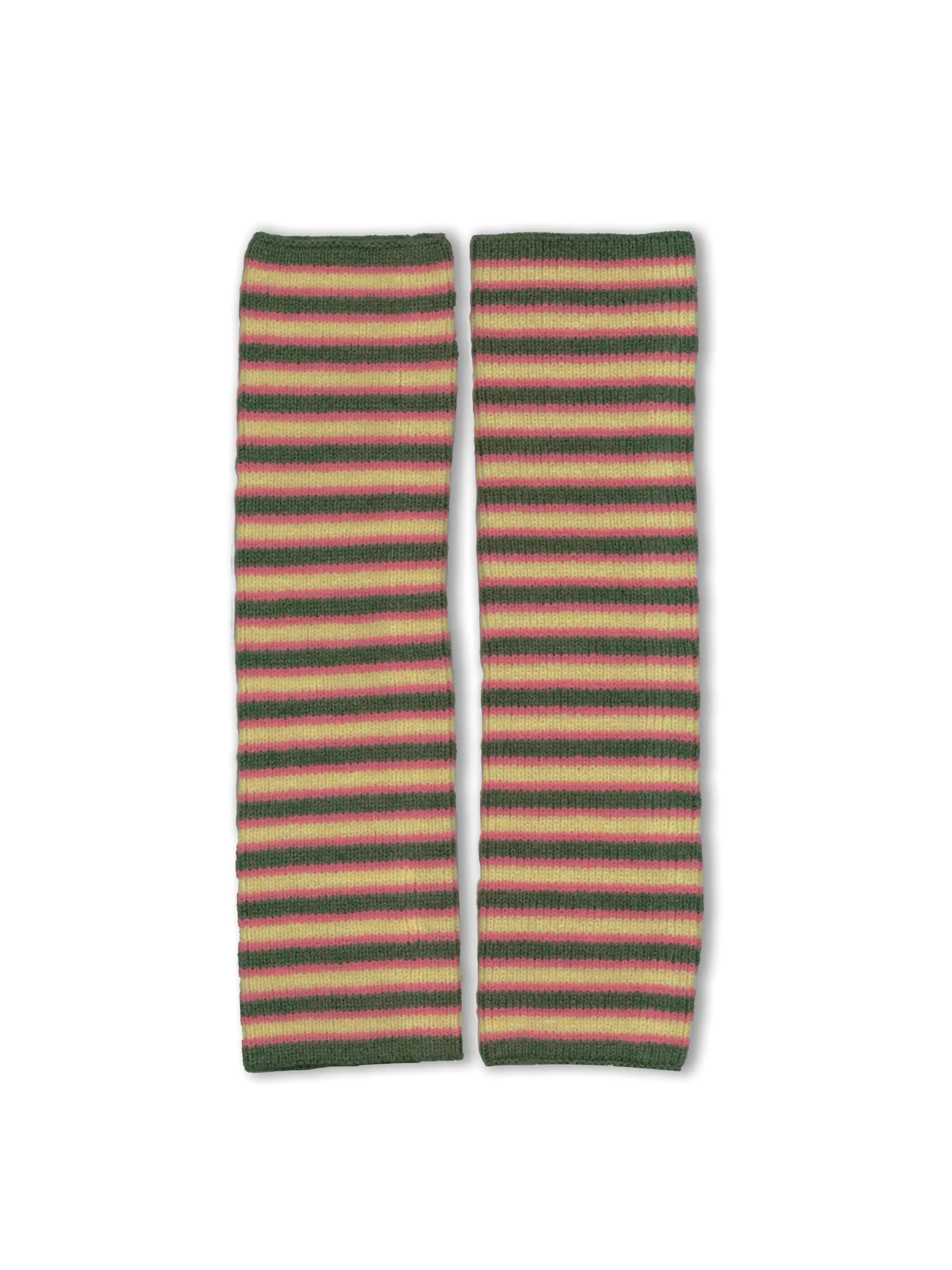 Striped knit leg warmers in green, pink, and yellow horizontal stripes with ribbed texture