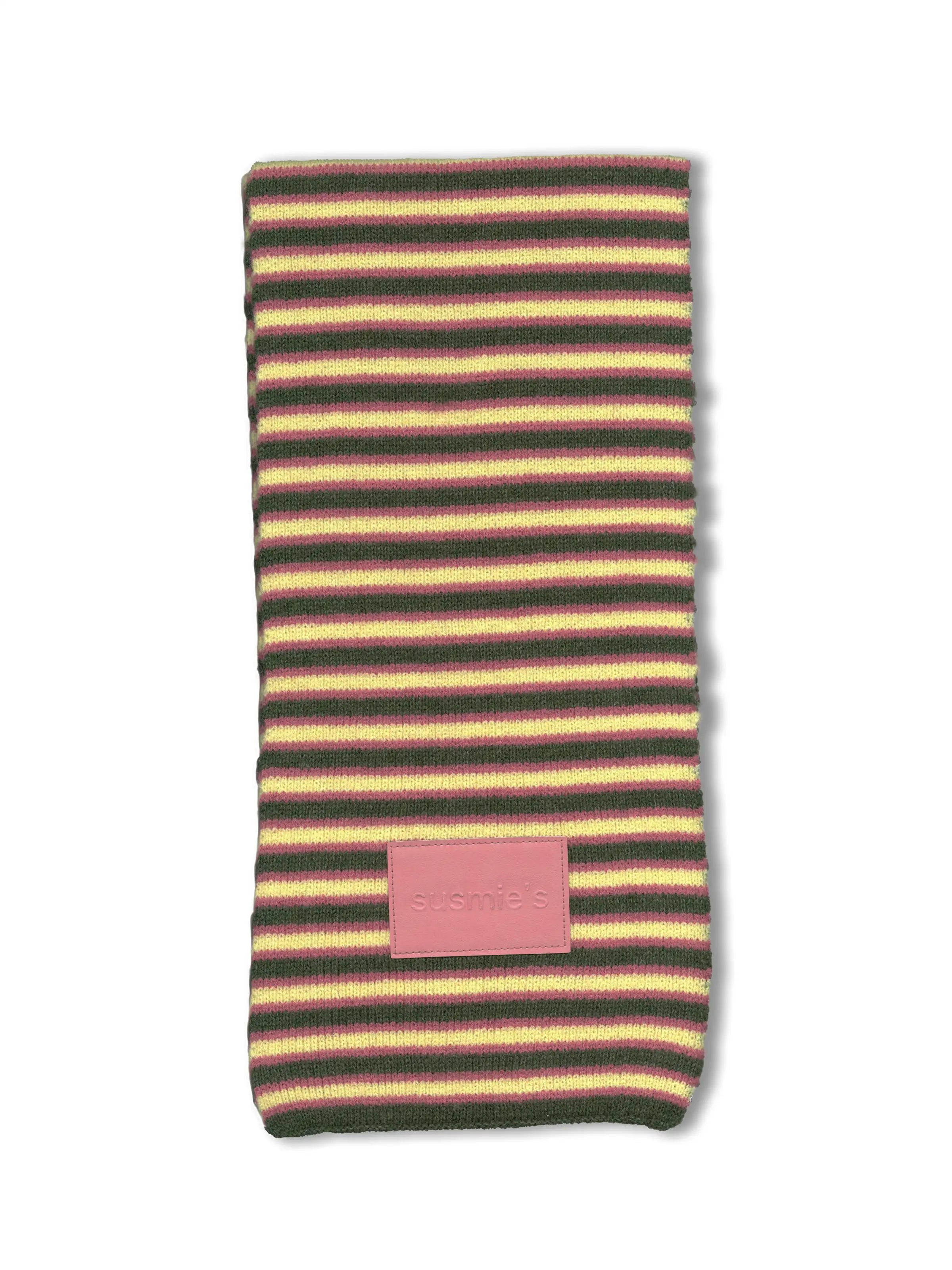 Striped knit phone sleeve in green, yellow, and pink with pink leather logo patch