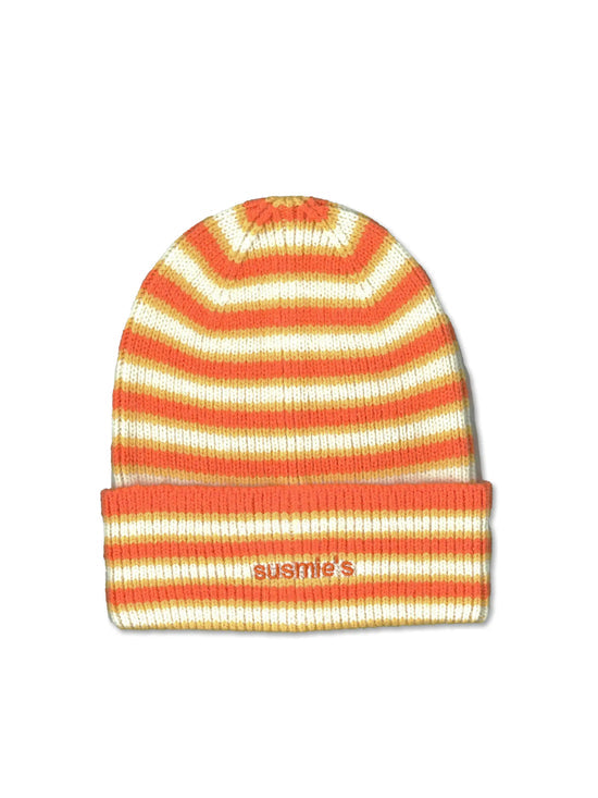 Orange and white striped knit beanie with rolled cuff and embroidered logo text