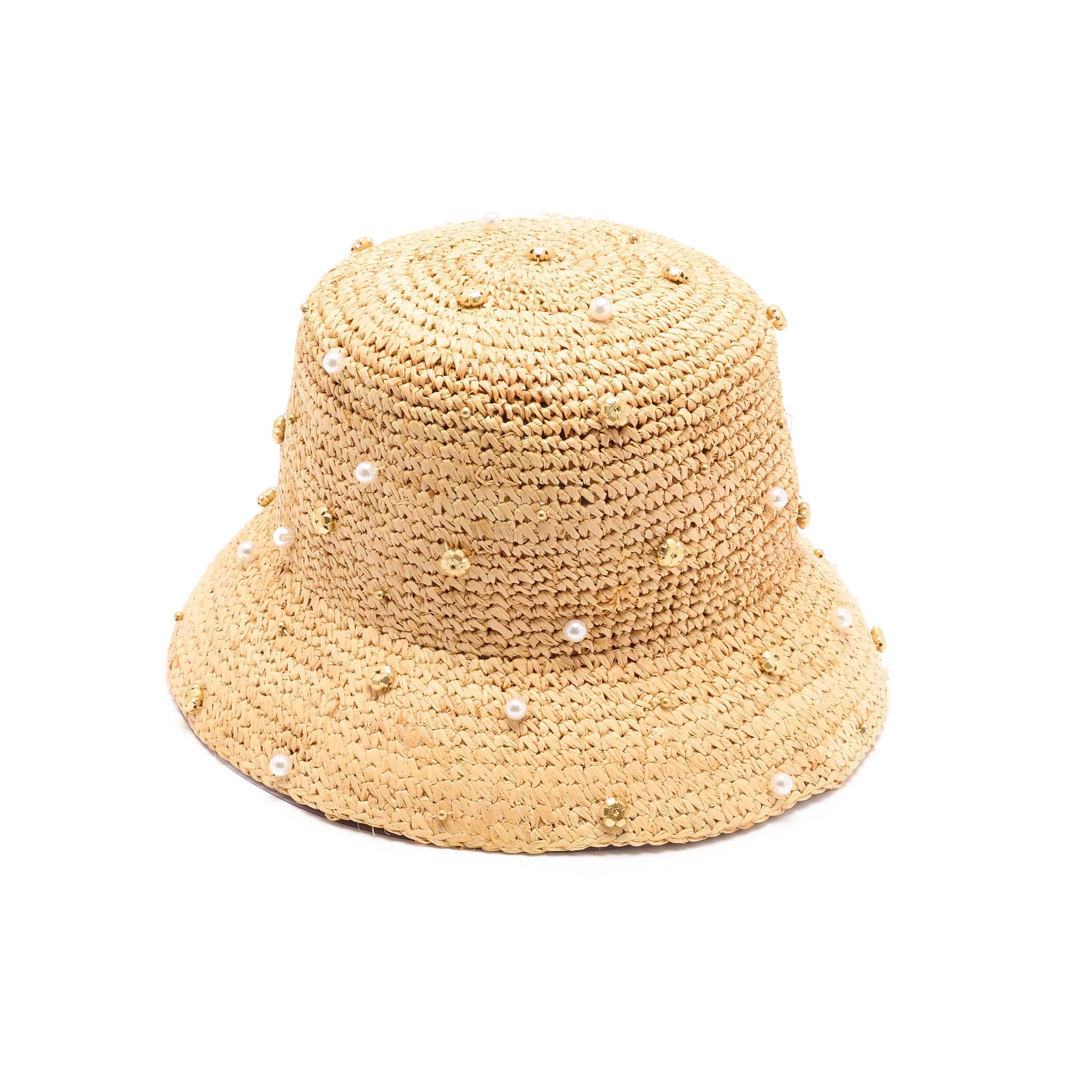 Beige straw bucket hat with pearl embellishments on a white background
