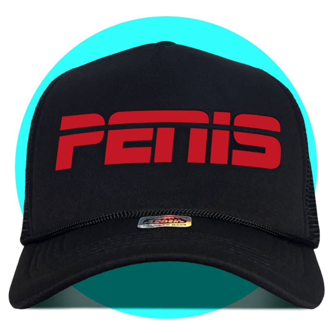 Black trucker hat with red PETIS logo on front panel, mesh back, curved brim