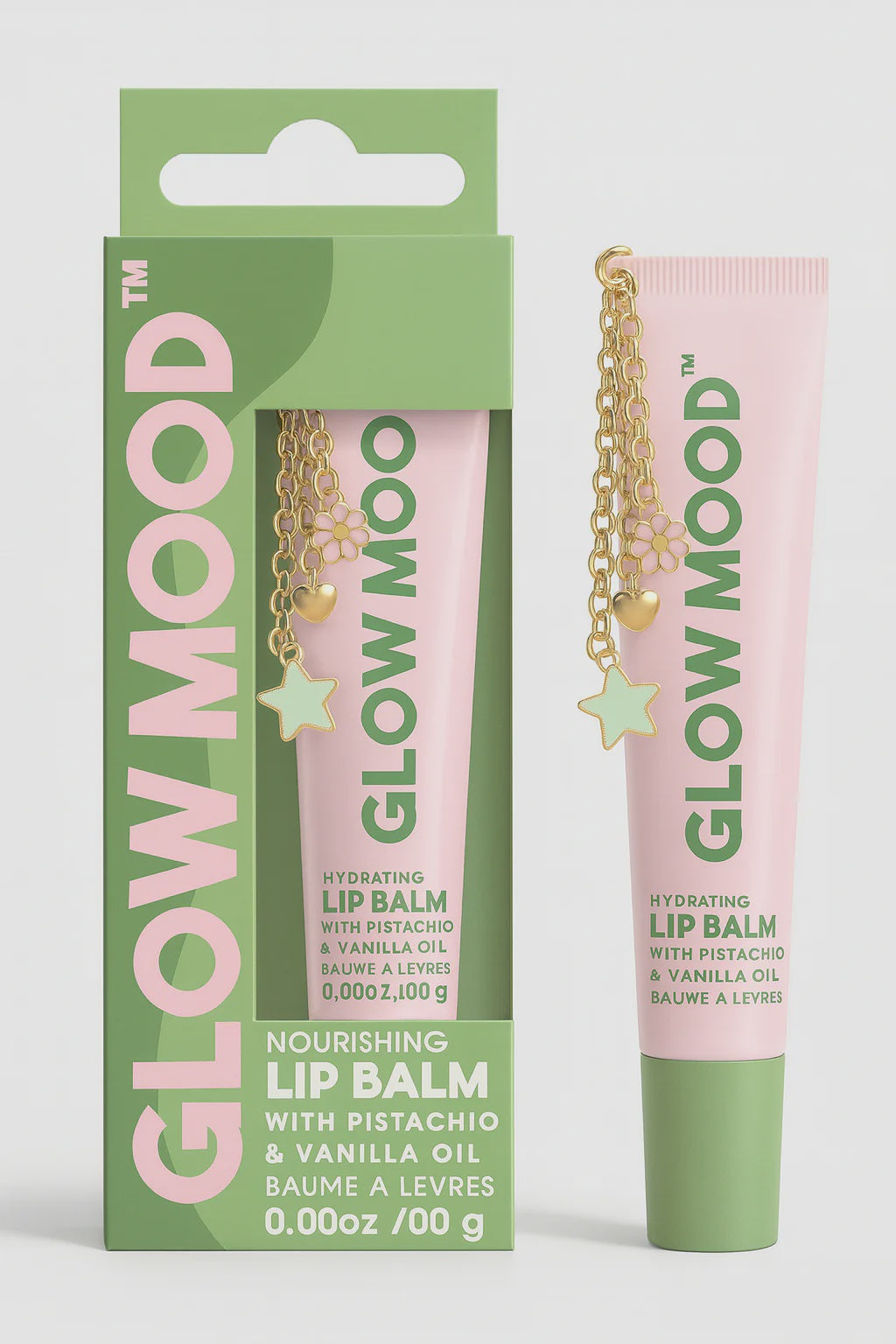 Glow Mood lip balm with packaging on a white background