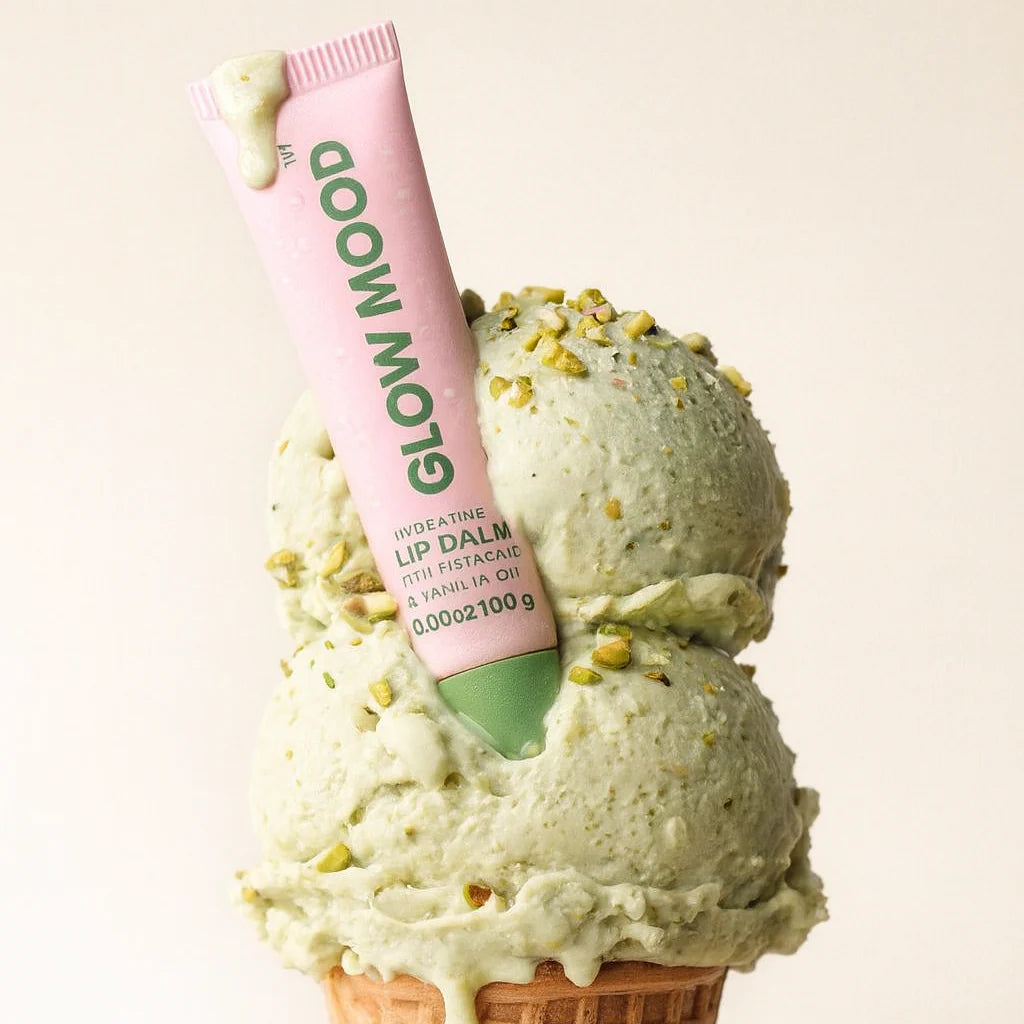 Lip balm with 'doow moh' branding on a scoop of green ice cream.
