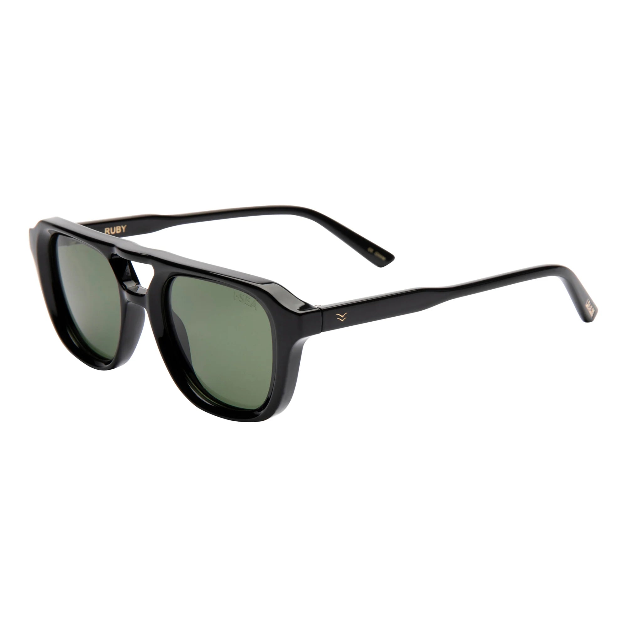 Black sunglasses with green lenses on a white background