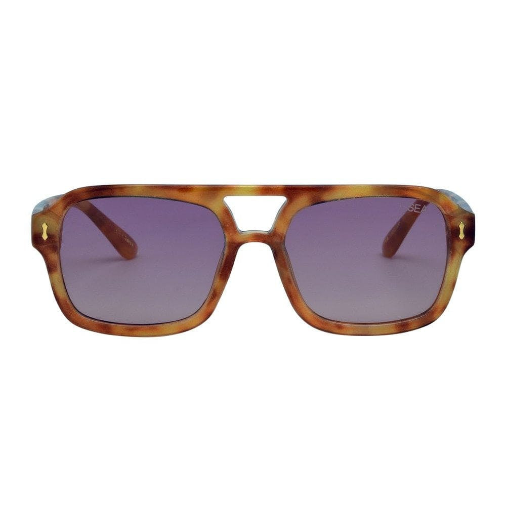Tortoiseshell brown square aviator sunglasses with purple-tinted lenses and keyhole bridge detail
