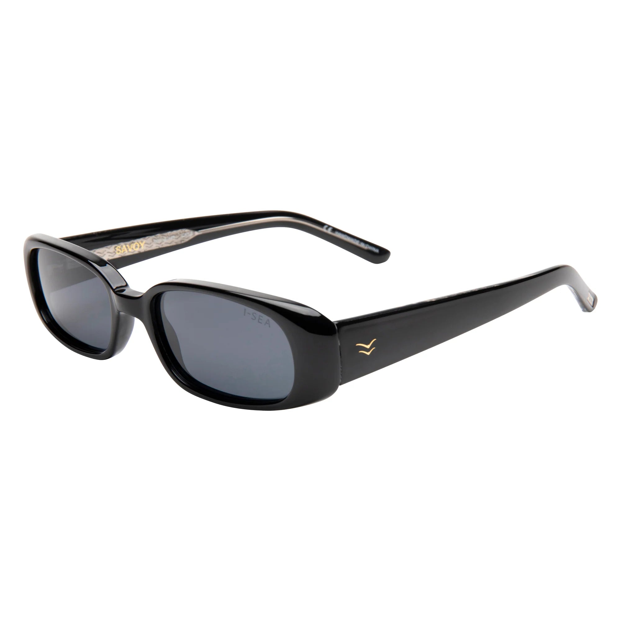 Black sunglasses with a brand logo on a white background