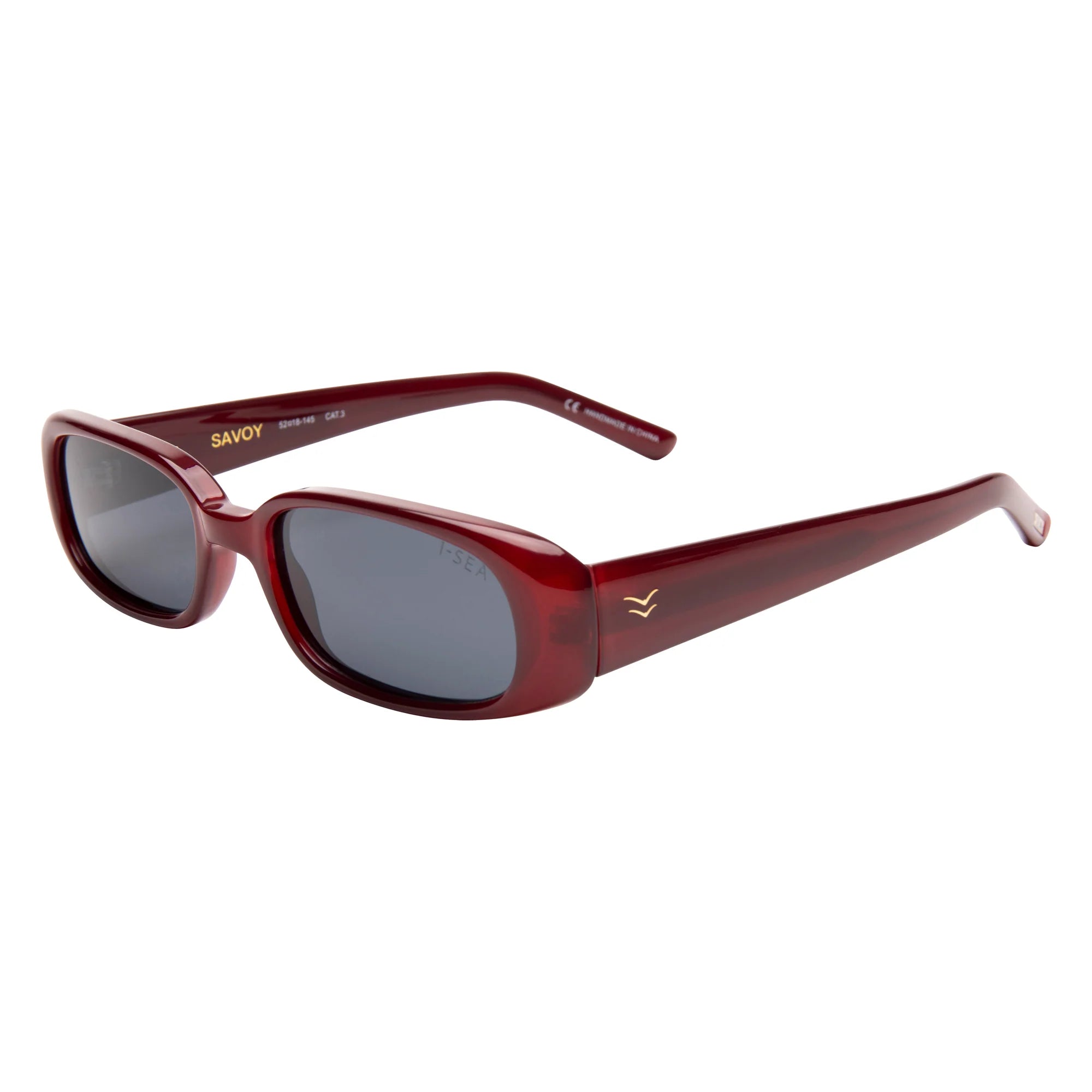 Red sunglasses with a Savoy logo on a white background