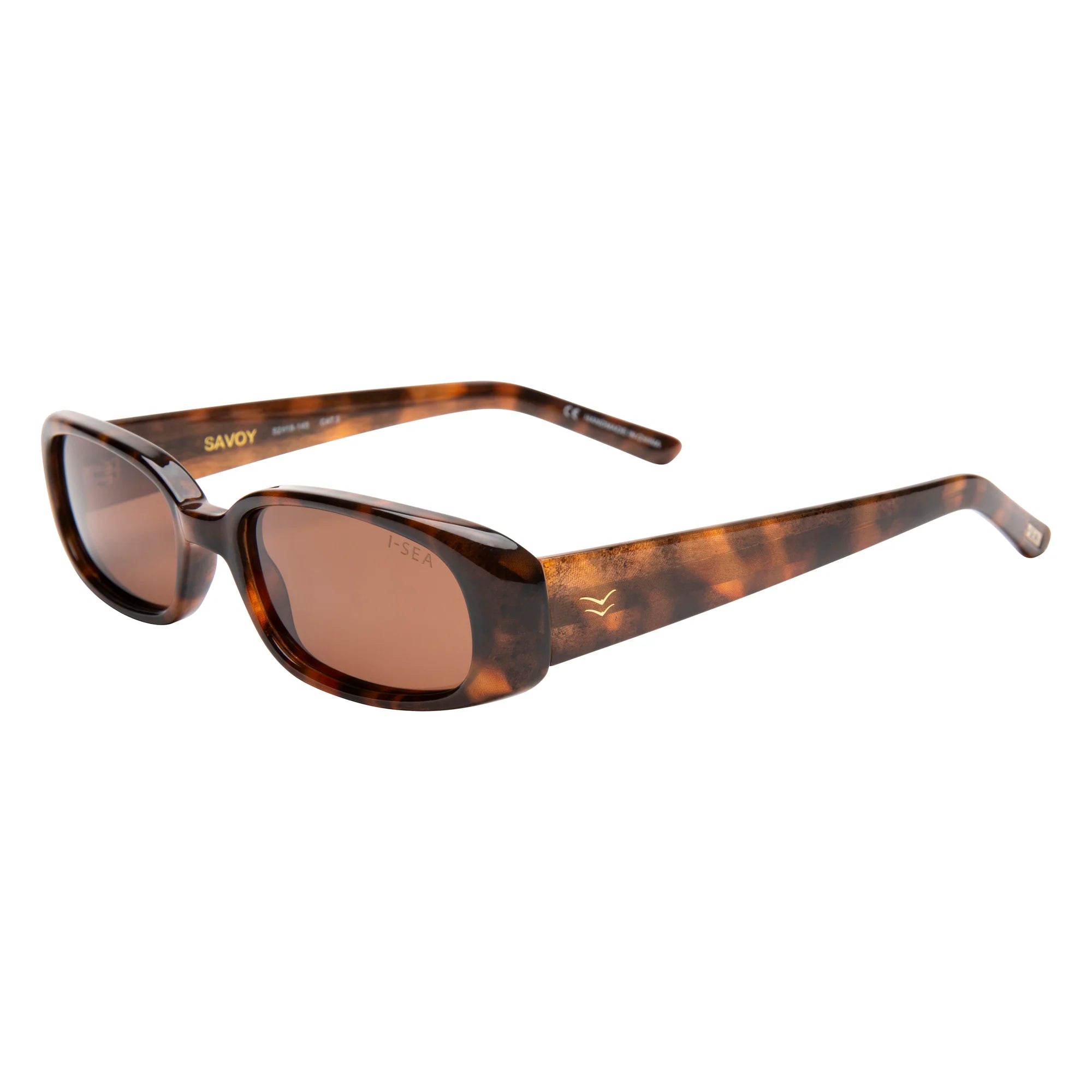 Sunglasses with tortoiseshell frame and brown lenses on a white background