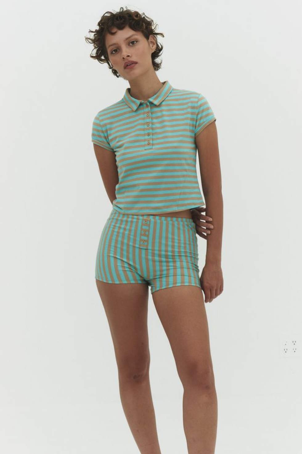 Turquoise and tan striped polo shirt and matching shorts set with button details and short sleeves