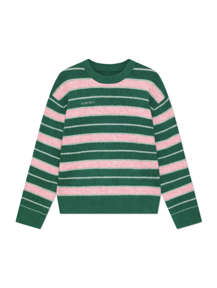 Green and pink striped knit sweater with white accent stripes and embroidered text detail on chest